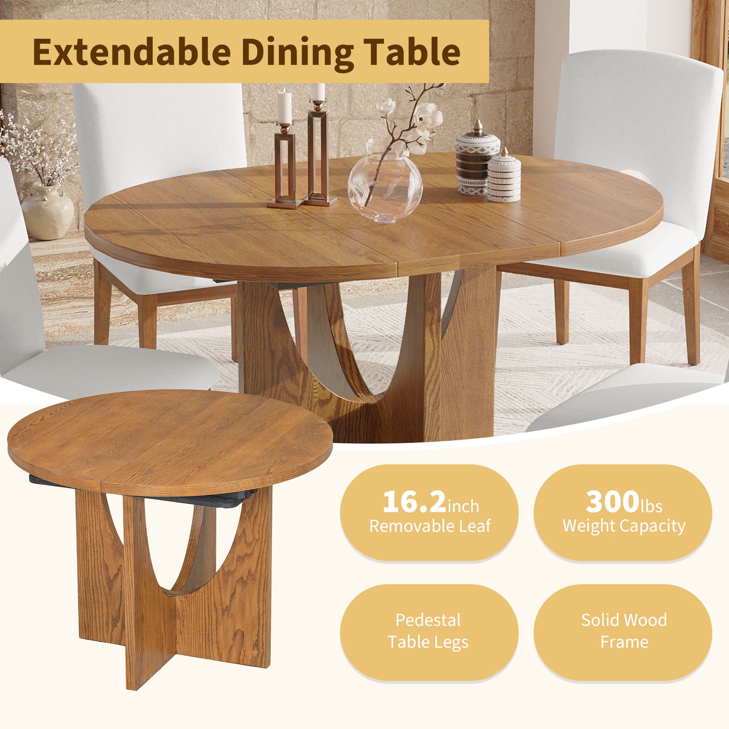 TOPMAX Modern 5-Piece Extendable Round Dining Table Set with 16.2inch Removable Leaf for Small Places, Walnut+Beige