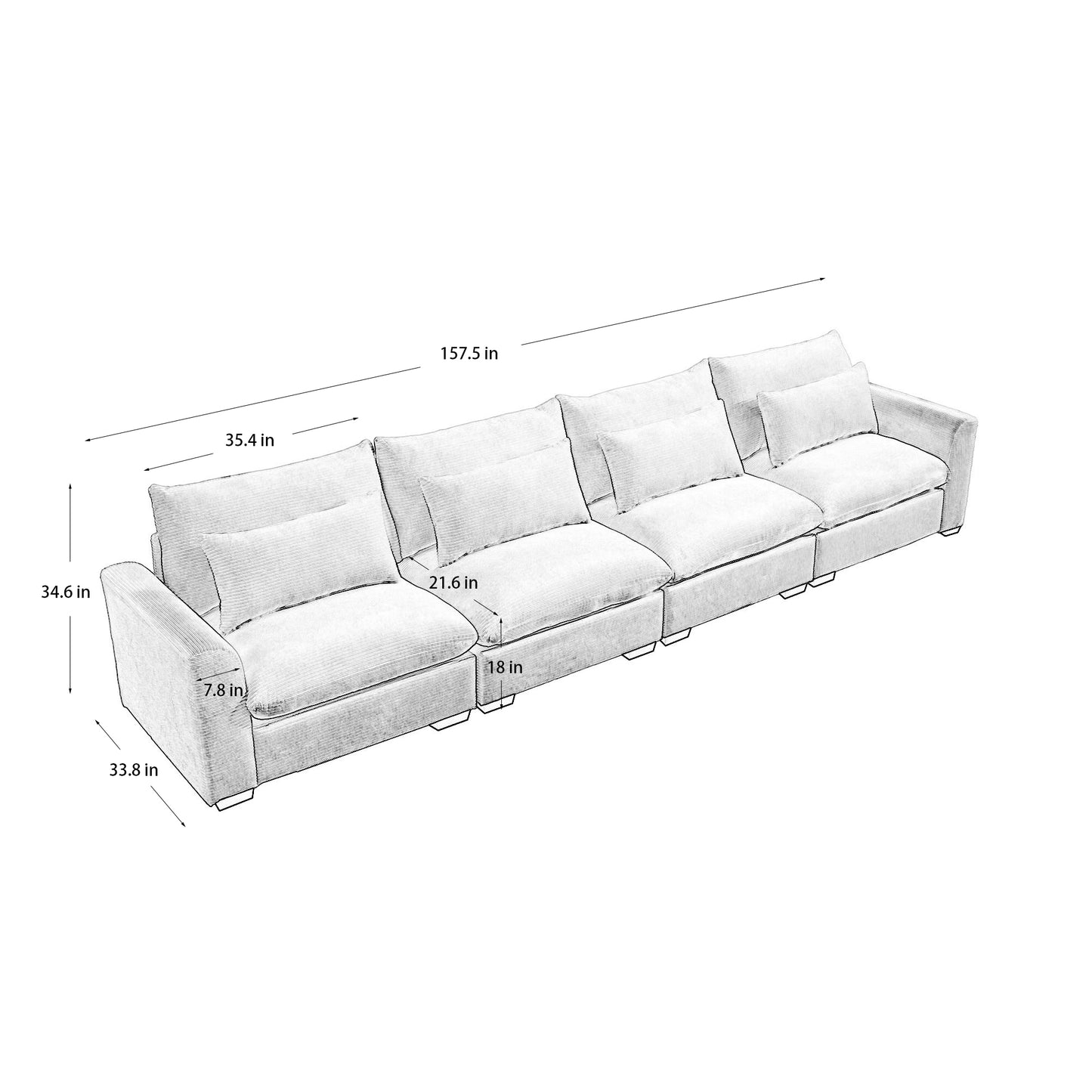 （座位/搁脚凳数量可定制）4 Seater Deep Seat Couches for Living Room, Comfy Beige Corduroy Sofas for Living Room Modern with 4 Waist Pillows