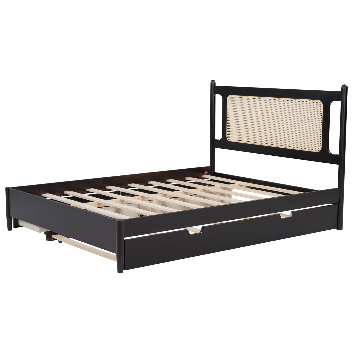 Queen Size Wooden Rattan Platform Bed, with 2 Big Drawers, T Size Trundle, Espresso