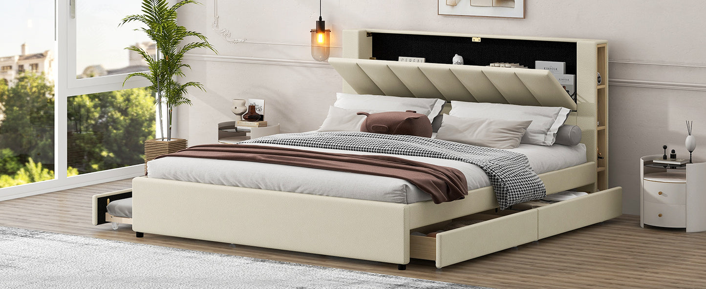 King Size Upholstery Platform Bed with Storage Headboard, 2 Drawers and Trundle,Beige