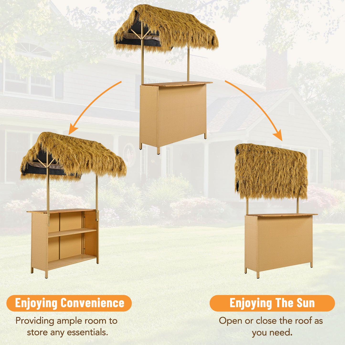 GO Hawaiian-style Bar Height Patio Set with PE Grass Canopy, Outdoor Bar Table and Stools with Adjustable Feet, Acacia Wood Top, for Dining and Drinking, Natural