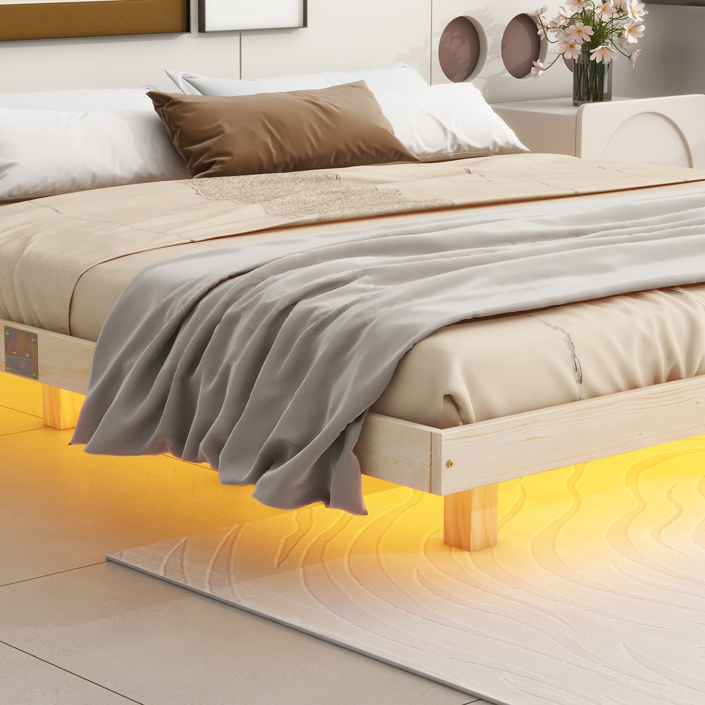 （缺货）King Size Floating Bed with LED Lights Underneath,Modern King Size Low Profile Platform Bed with LED Lights,Natrual