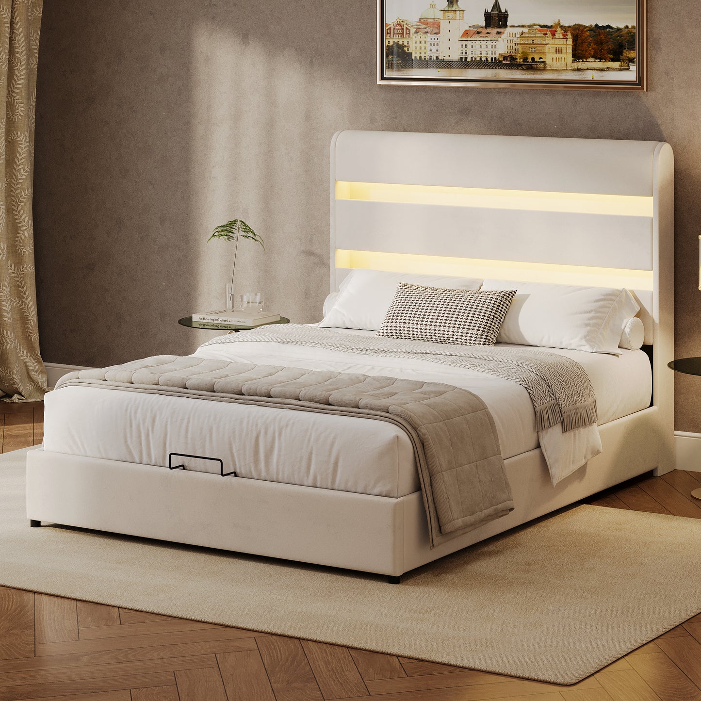 Upholstered Platform King Size Hydraulic Storage Bed, Lift Up Storage Bed with RGB LED Light Headboard, No Box Spring Needed,Velvet,Beige