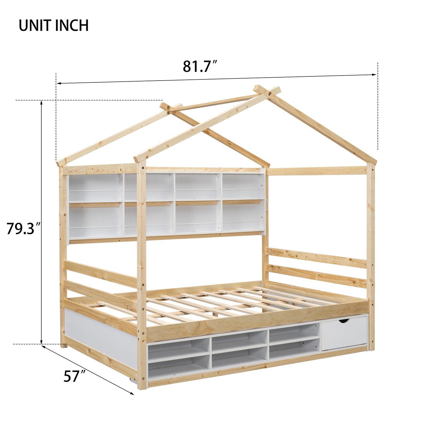 Full House Bed with Roof Frame, Bedside-shelves, Under Bed Storage Unit,Natural