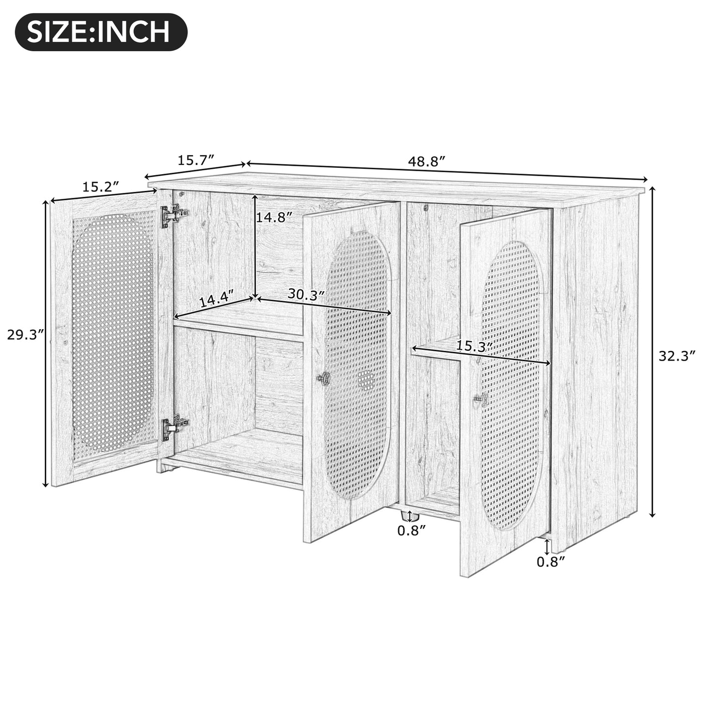 TREXM Retro 3-Door Sideboard with Large Storage Space Artificial Rattan Doors and Metal Handles, Accent Cabinet for Living Room and Hallway (White)