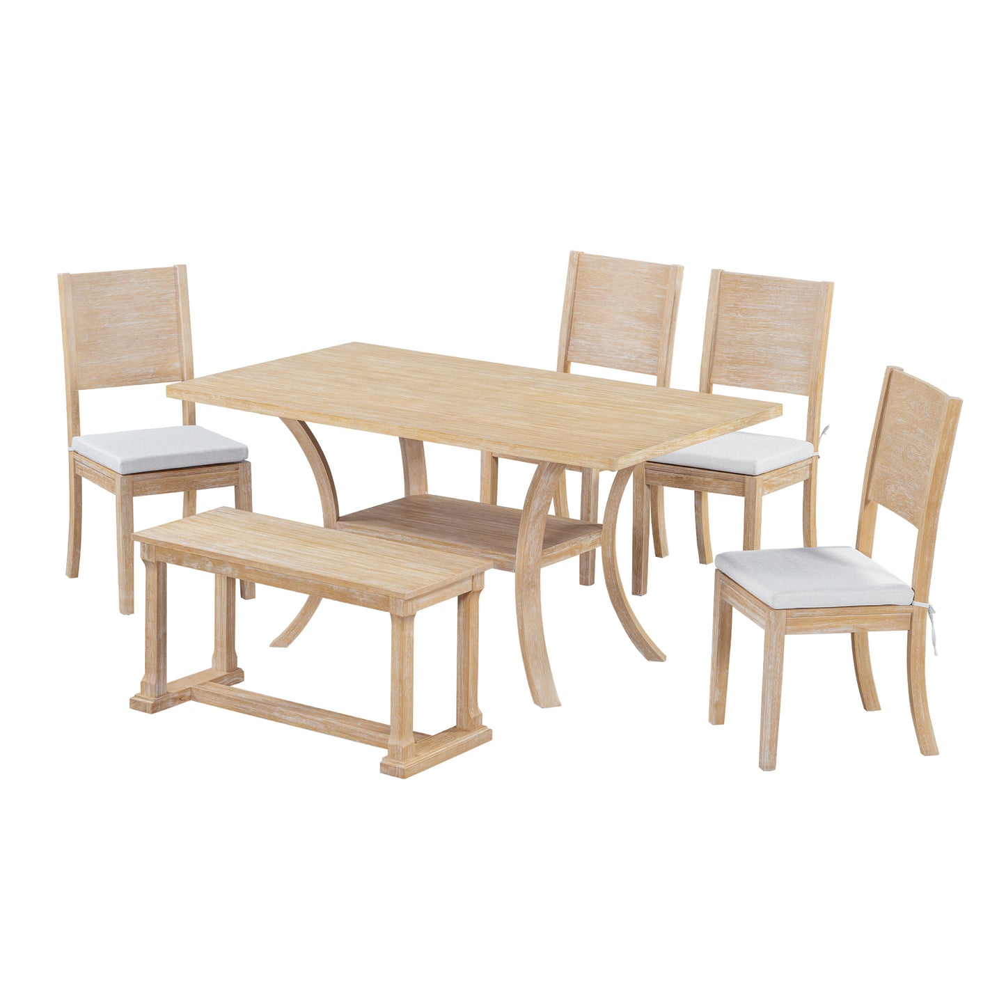 TOPMAX 6-Piece Wood Dining Table Set with Storage Shelf and Curved Legs, Kitchen Table Set with Bench and 4 Removable Cushions Dining Chairs, Modern Style, Natural+Beige Cushion