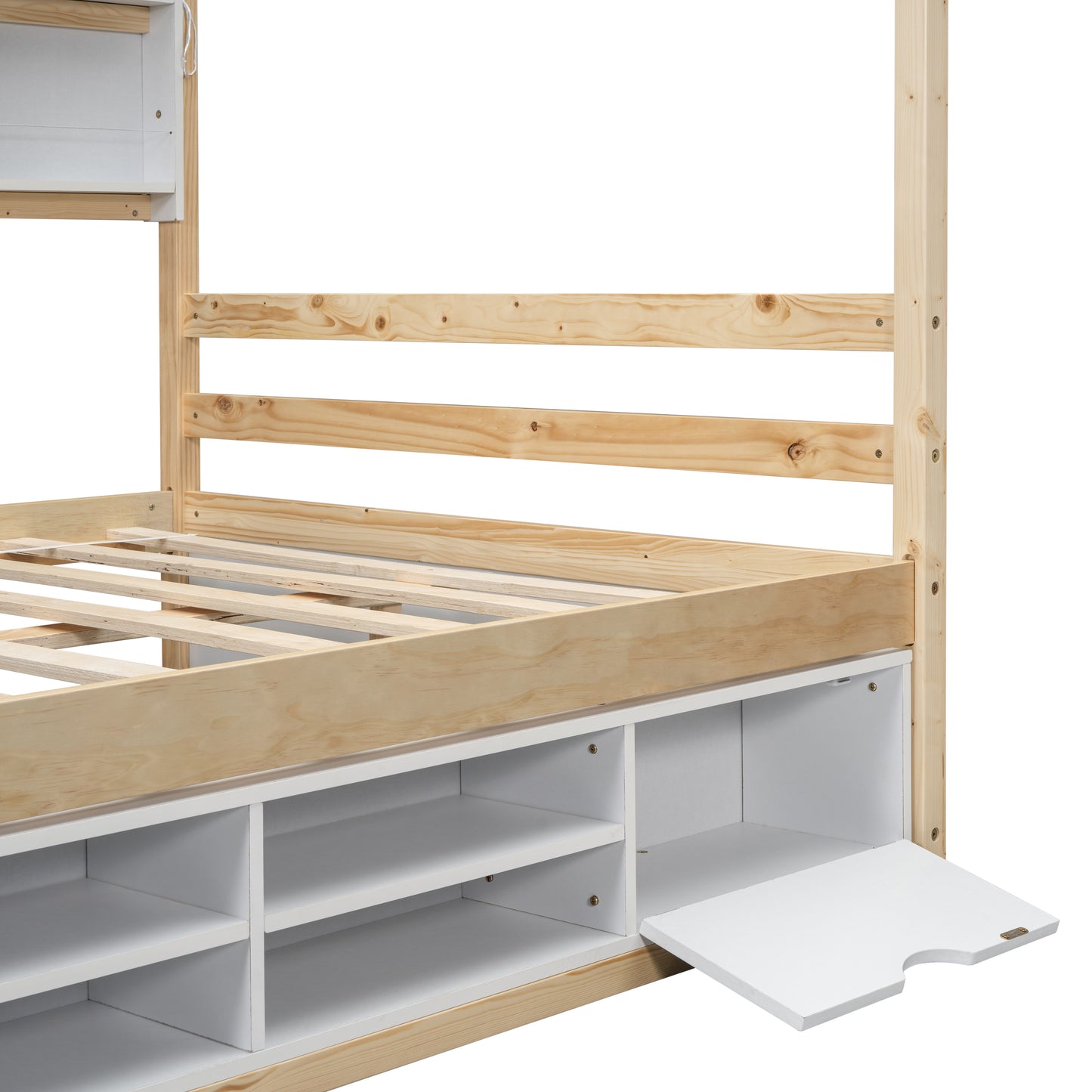 Full House Bed with Roof Frame, Bedside-shelves, Under Bed Storage Unit,Natural