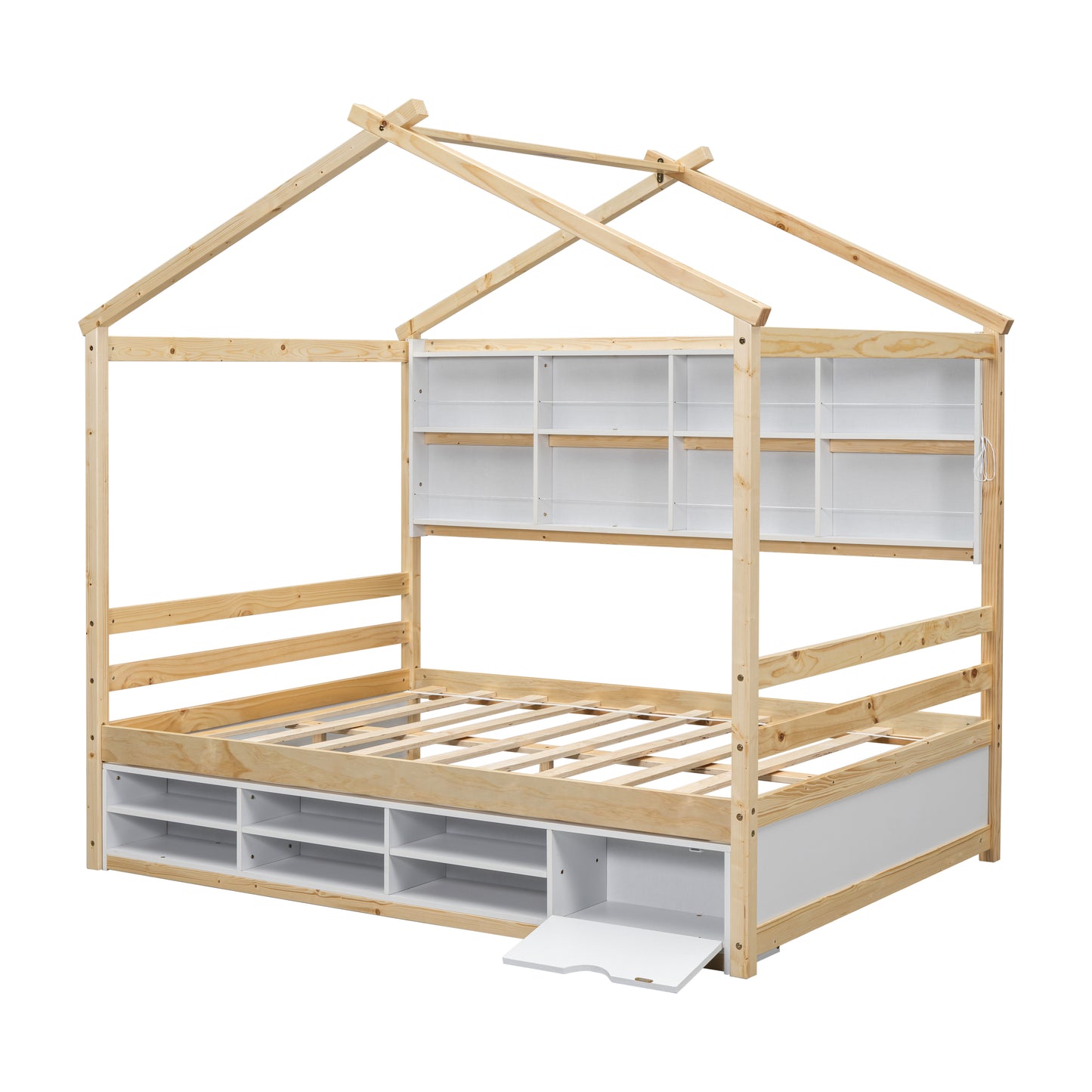 Full House Bed with Roof Frame, Bedside-shelves, Under Bed Storage Unit,Natural