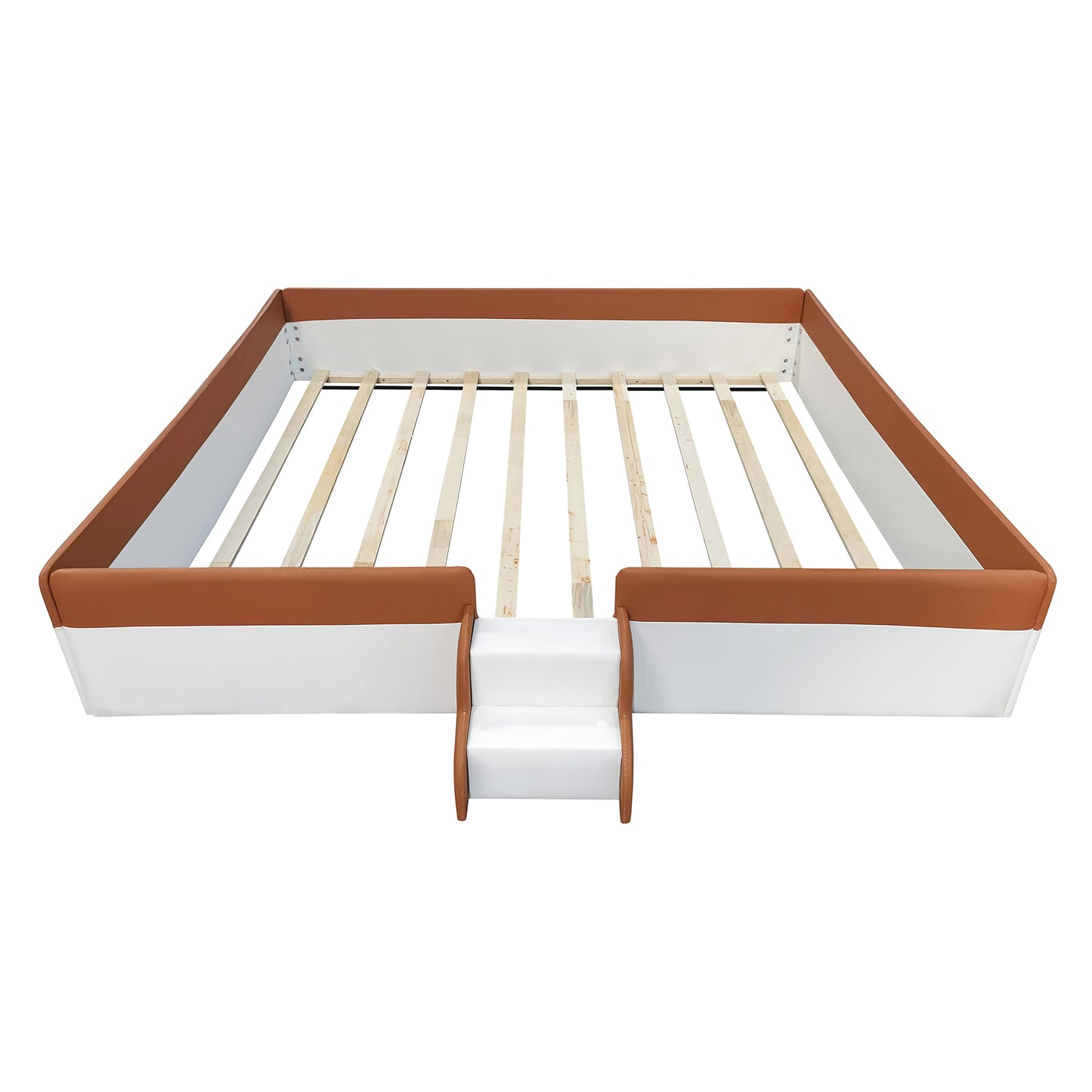 King Size Upholstered Daybed Frame with Fence and Stairs,(BROWN+WHITE)