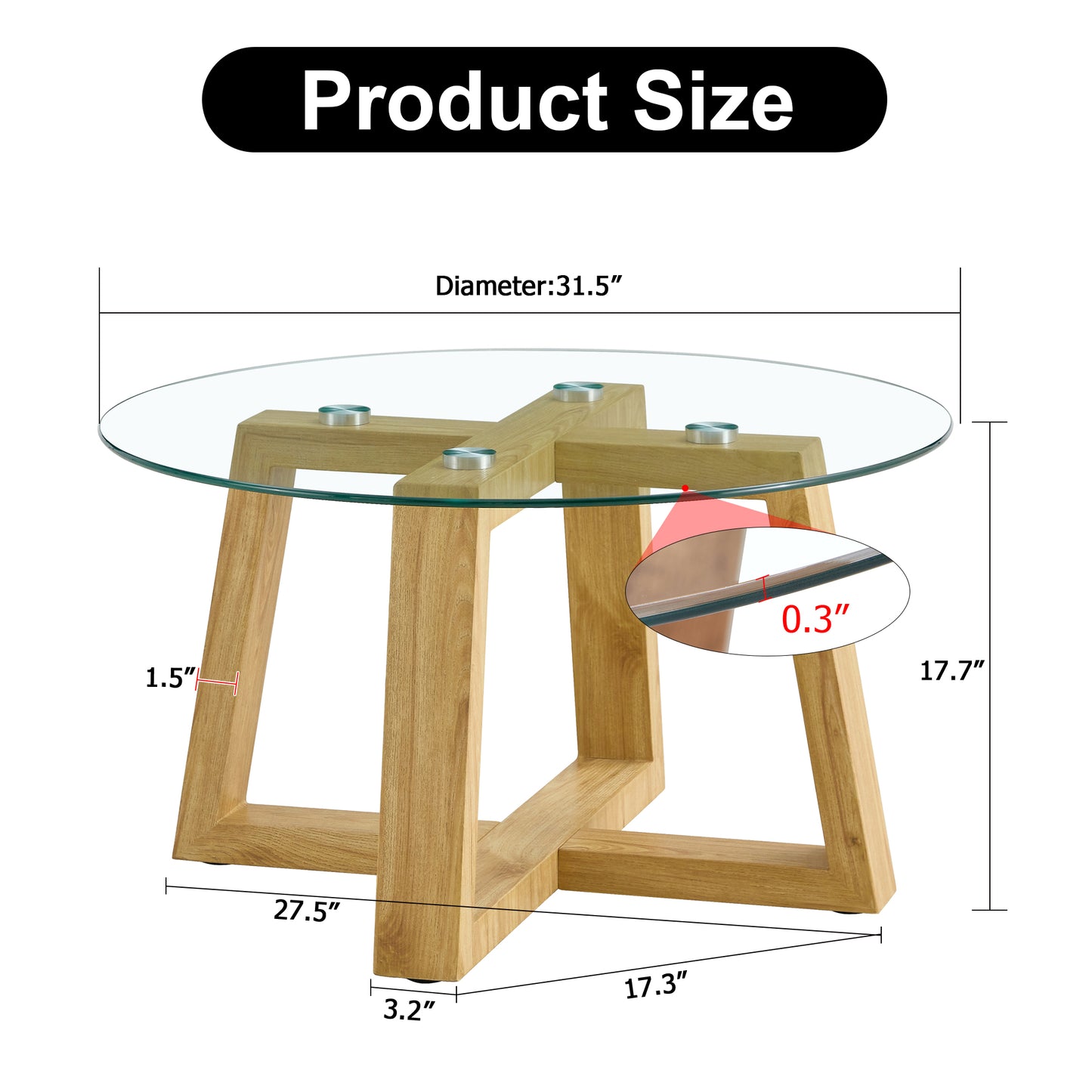 Modern practical circular coffee tables. Made of transparent tempered glass tabletop and wood colored MDF material. Suitable for living rooms and bedrooms.31.5"*31.5"*17.7"