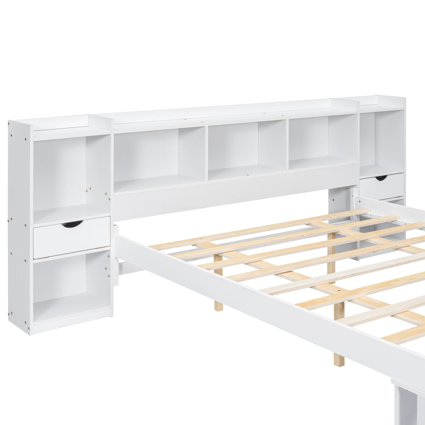 Queen Size Wood Platform Bed with Multi-storage Headboard and a Drawer, White