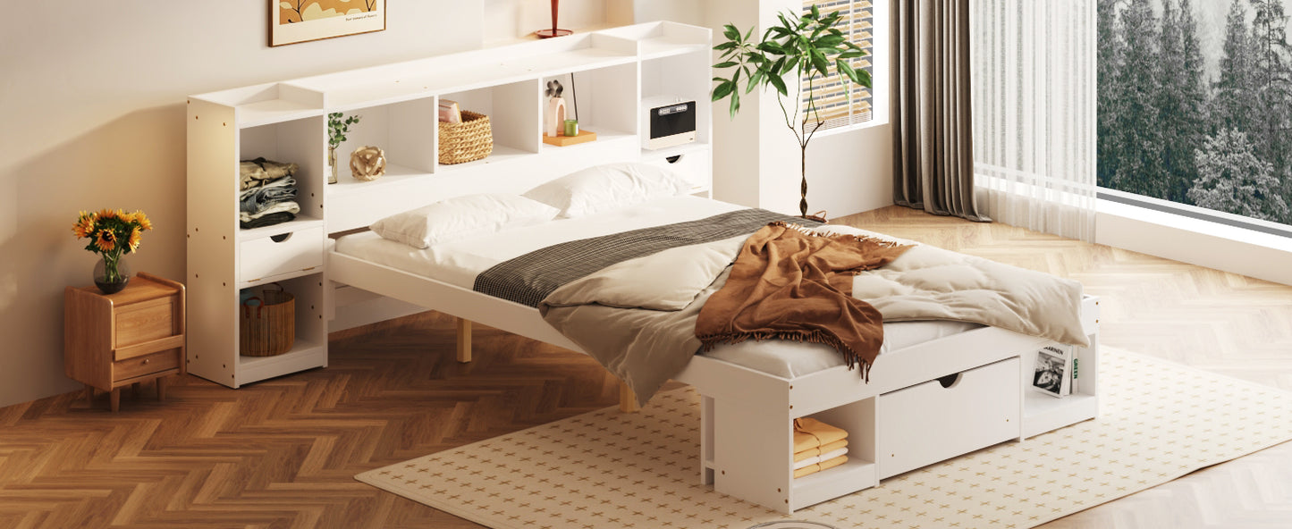 Queen Size Wood Platform Bed with Multi-storage Headboard and a Drawer, White