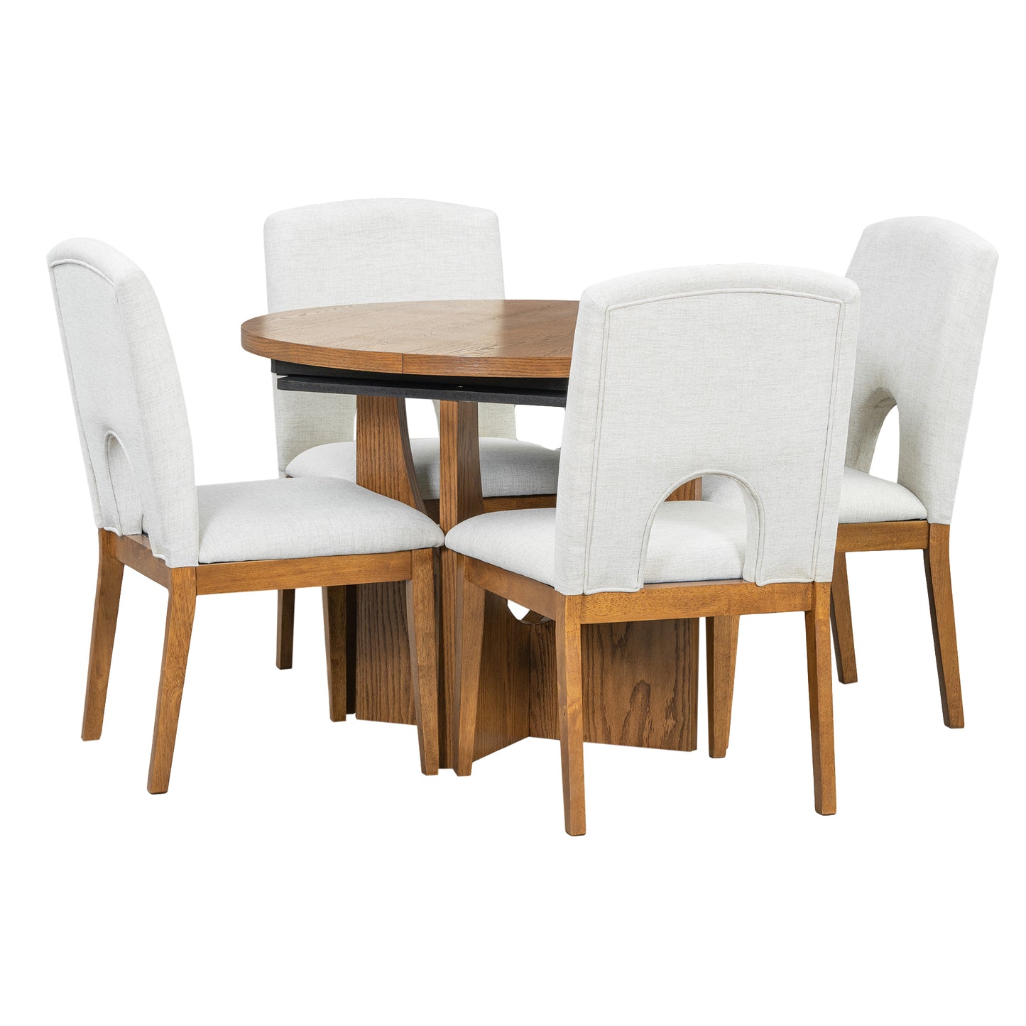 TOPMAX Modern 5-Piece Extendable Round Dining Table Set with 16.2inch Removable Leaf for Small Places, Walnut+Beige