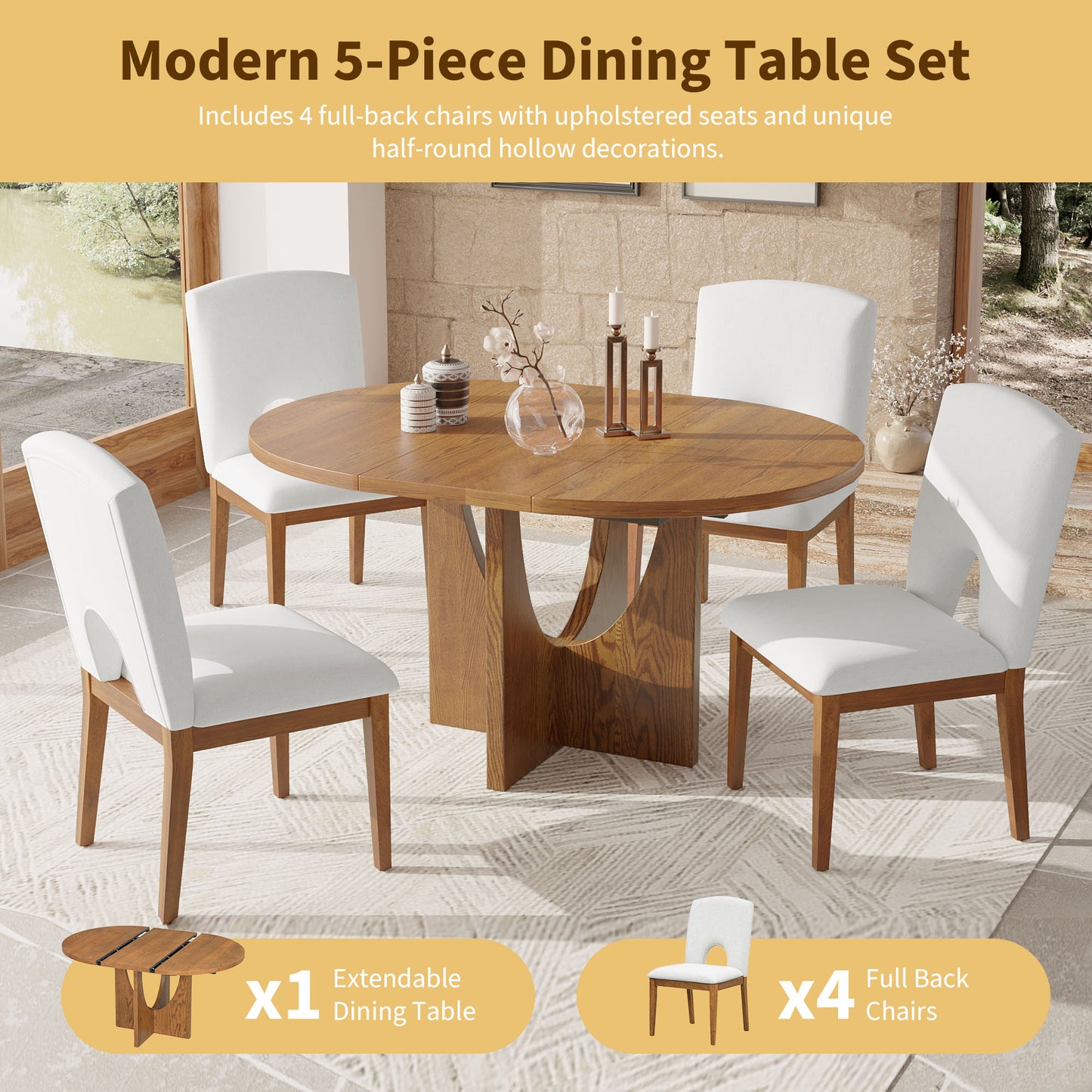 TOPMAX Modern 5-Piece Extendable Round Dining Table Set with 16.2inch Removable Leaf for Small Places, Walnut+Beige