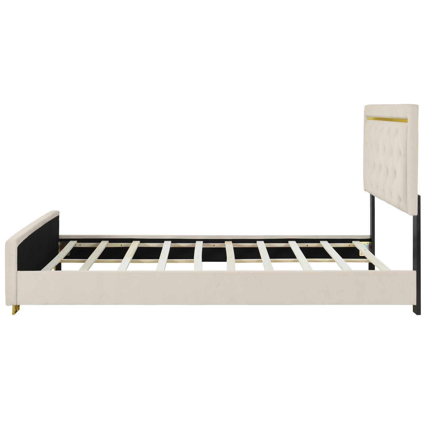 Queen Size Upholstered Platform Bed With Pull Point Headboard And Metal Wire Frame At The Head And Foot Of The Bed, Metal Feet, Velvet, Beige