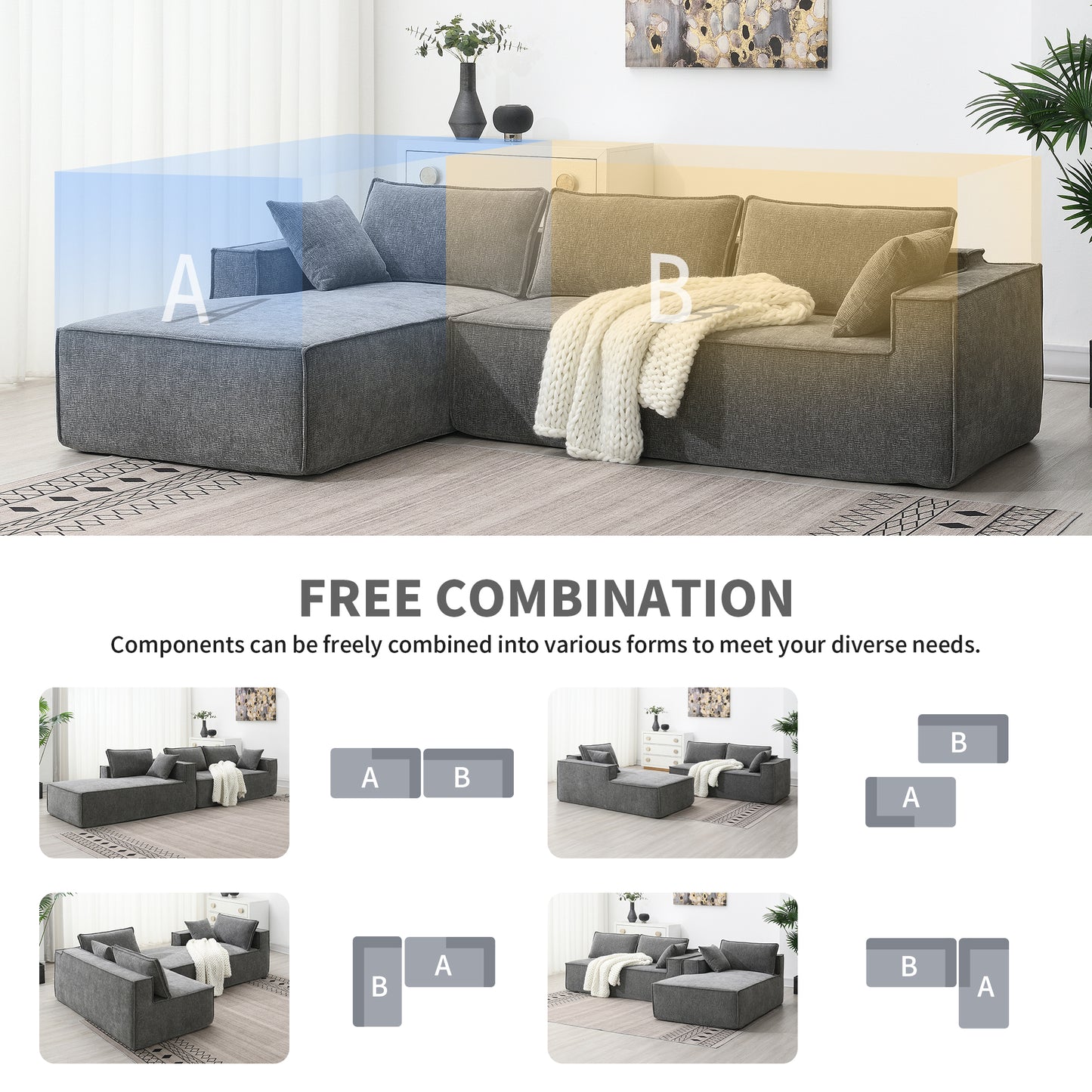 [VIDEO+New] 111.5*72" Minimalist Style Modular Sectional Sofa,Wrinkle-resistant Chenille Couch Set,L-Shaped Compressed Sofa for Living Room,2 PIC Free Combination,No Assembly Require,3 Colors