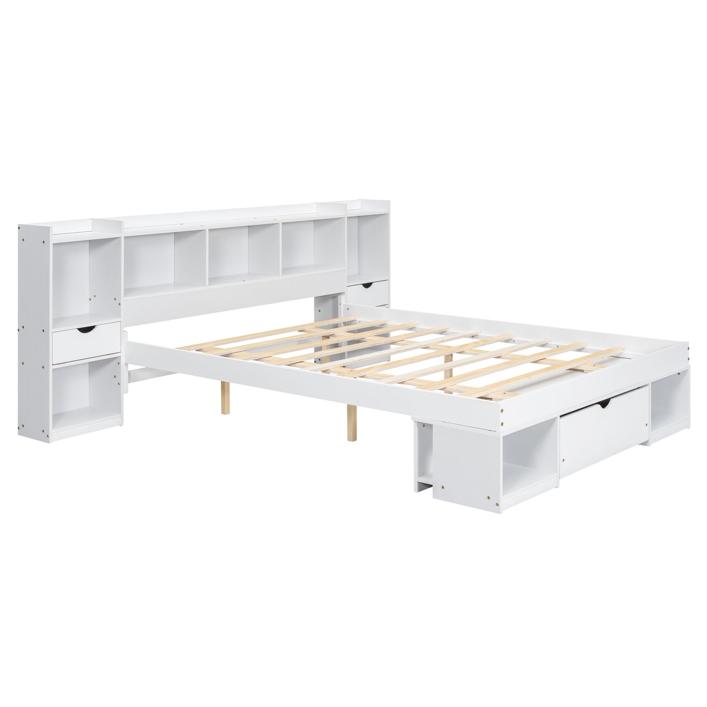 Queen Size Wood Platform Bed with Multi-storage Headboard and a Drawer, White