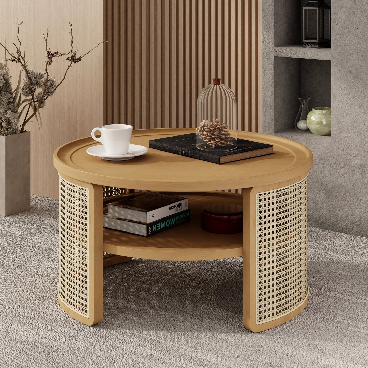 2-Tiered Round Natural Wood Coffee Table with Storage Rattan Base in 31.3''