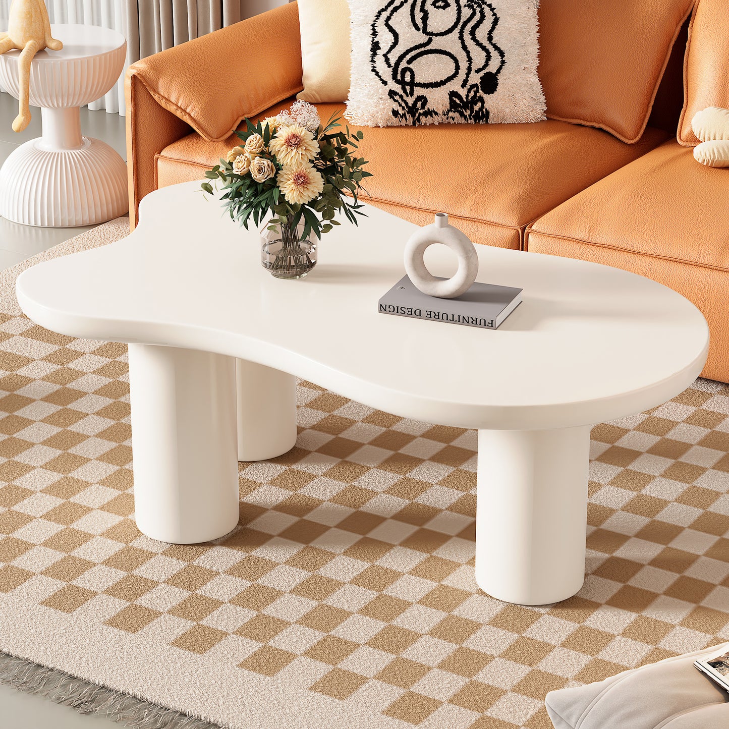 ON-TREND 44'' x 25.9'' Easy Assembly Cloud Coffee Table with 1.5'' Thick Tabletop, Cream Style Irregular End Table with 3 Sturdy Legs, Sleek Center Table with Round Edge for Living Room, White