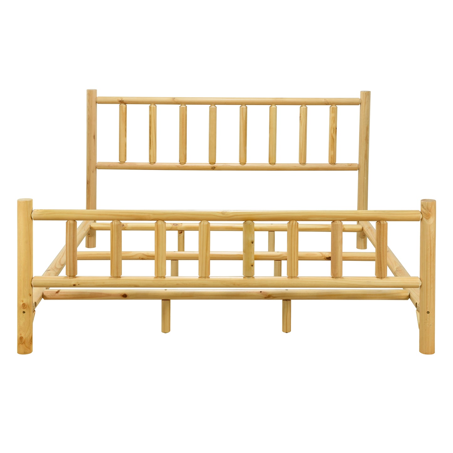 Farmhouse Log Bed Frame King Rustic Style Pure Solid Pine Cylinder Construction Bed Fits Mattresses and Box Springs, Natural Finish