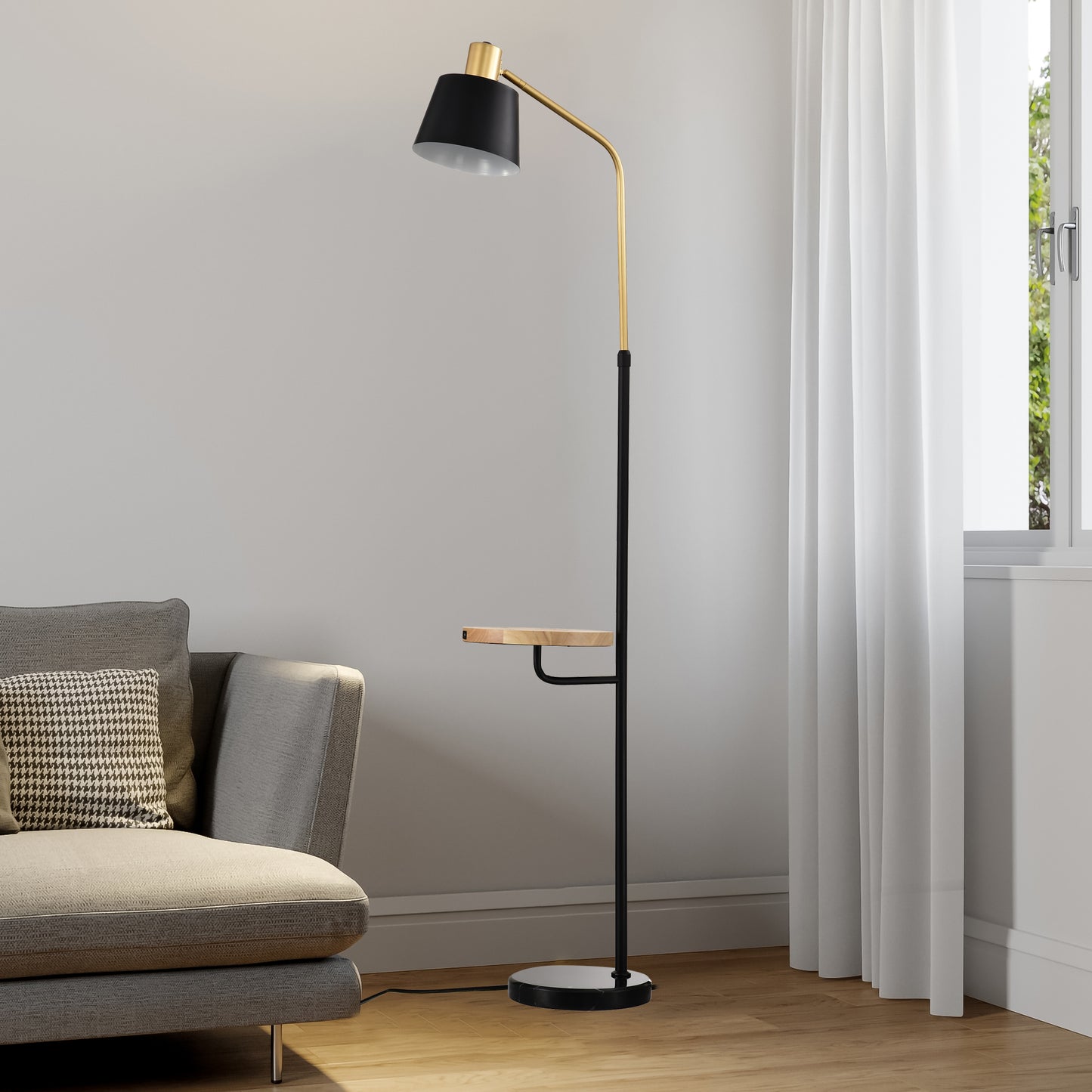 Real Marble Floor Lamp with Wood Bedside Nightstand End Table and Built-in USB Charging Port for Living Room Sofas Bedroom,Matte Gold +Matte Black