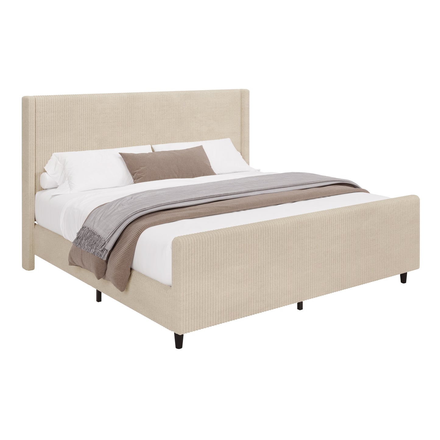 （9.17-9.24补货）50.7'' High Headboard Corduroy Upholstered Bed Frame with Vertical Stripe Wingback and High Footboard No Box Spring Needed, King Size, Cream