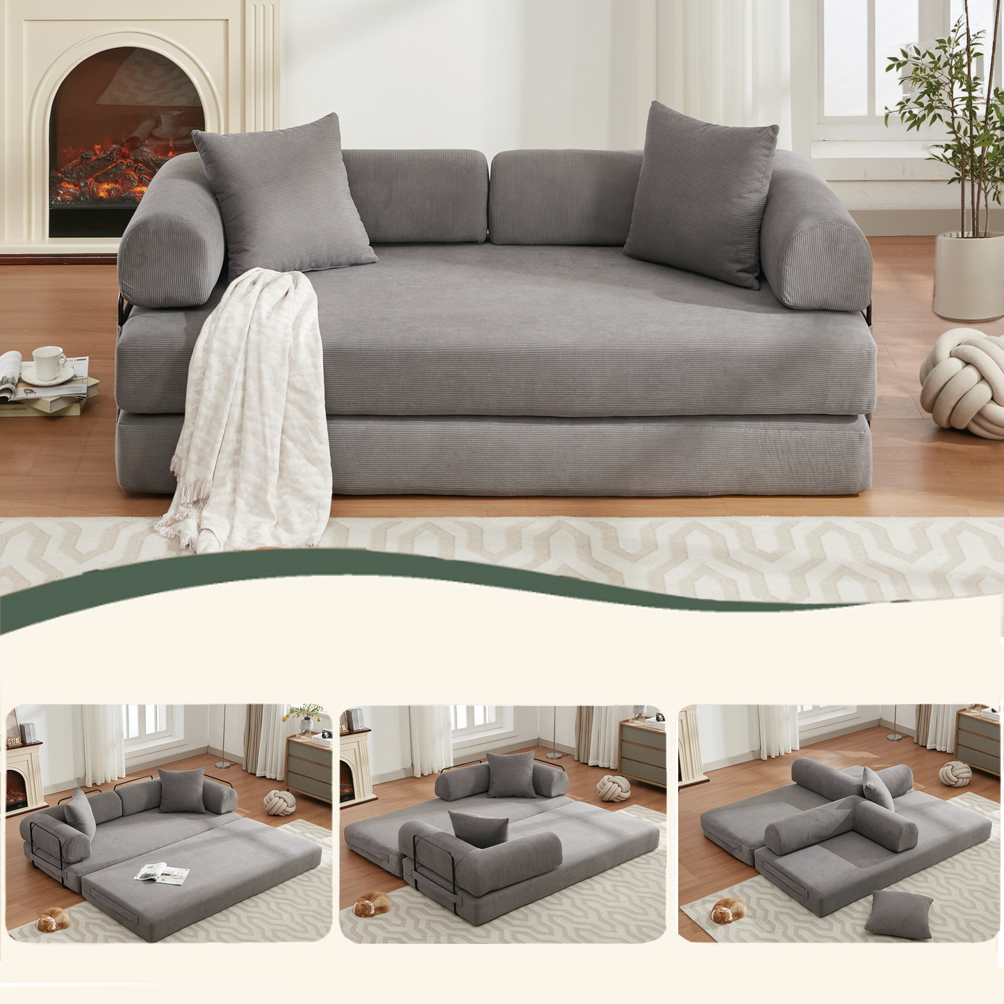 （绿、黑、灰三色全部缺货，预计12.23-12.30到货）[NEW ARRIVED] [VIDEO PROVIDED] 78.5" Folding Convertible Out Sleeper Sofa Bed,4-in-1 DIY Combination Convertible Sofa,3 seat, Folding Sofa, King Size , Bedroom,Apartment,Corduroy,Green,Gray