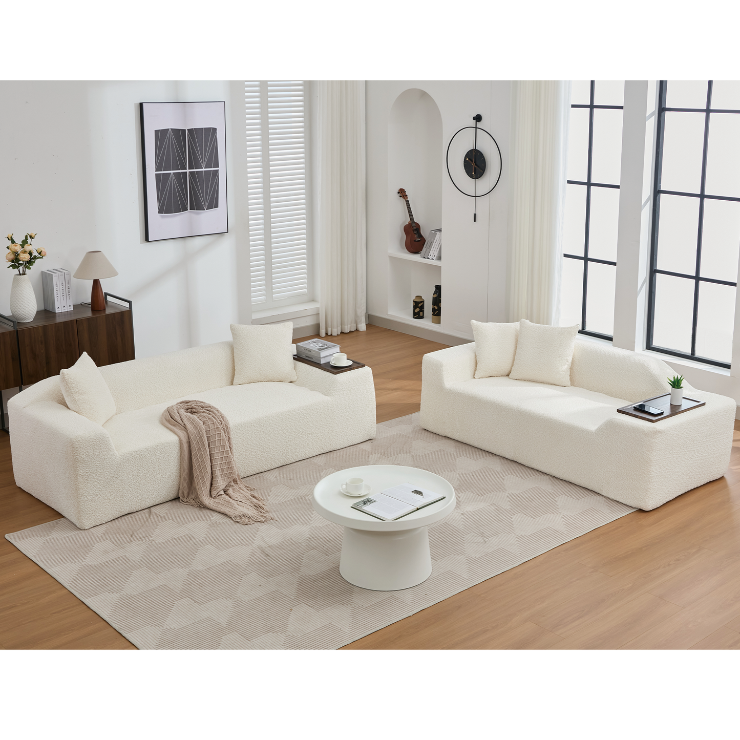 [NEW ARRIVED] [VIDEO PROVIDED]2 Piece Boucle Cloud Sofa Set, Upholstered Sofa Set, Modern 3 Seater and 2 Seater Sofa with MDF End Table for Living Room ,Apartment,3+2 couch,Boucle,Beige