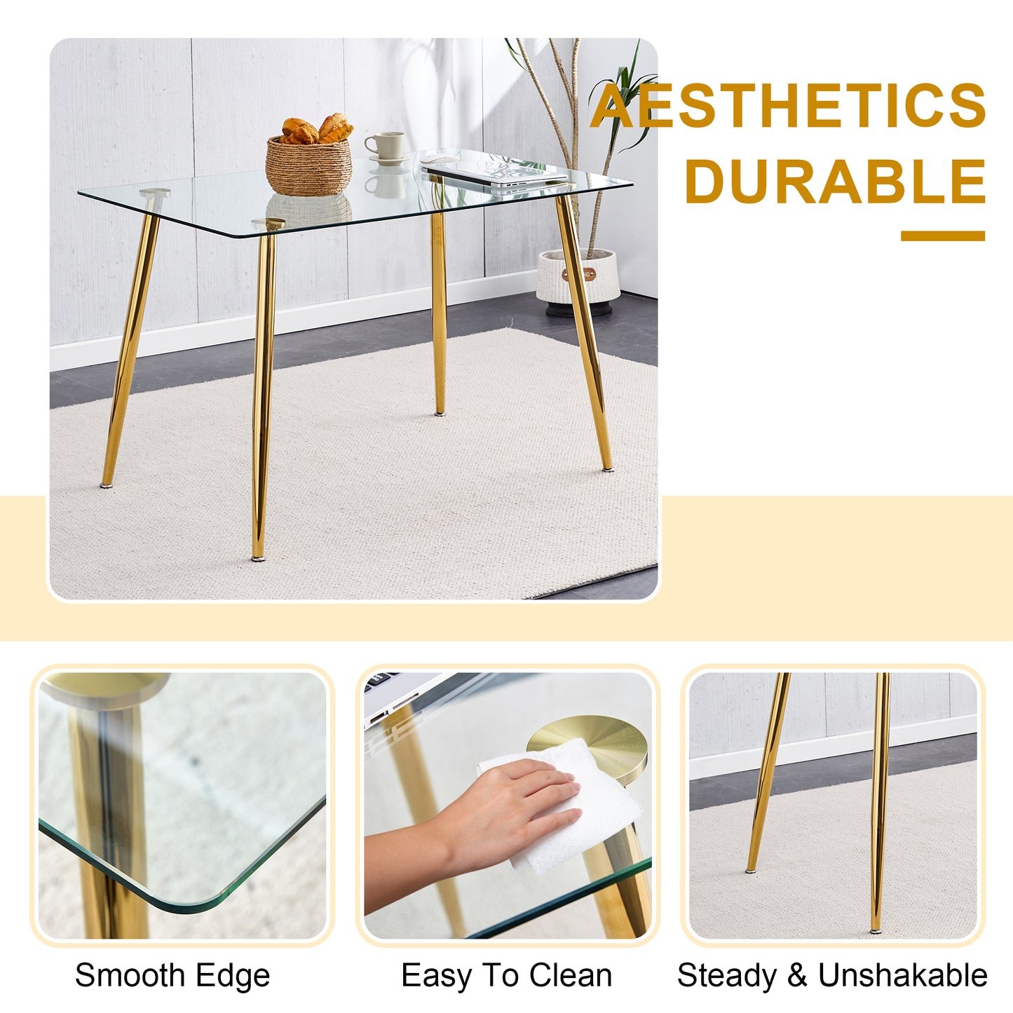 （预计2024-12-26 ~ 2025-01-02到货）Modern Minimalist Rectangular Glass Dining Table for 4-6 with 0.31" Tempered Glass Tabletop and Golden plating Metal Legs, Writing Table Desk, for Kitchen Dining Living Room, 51" *31"*30".F-1544