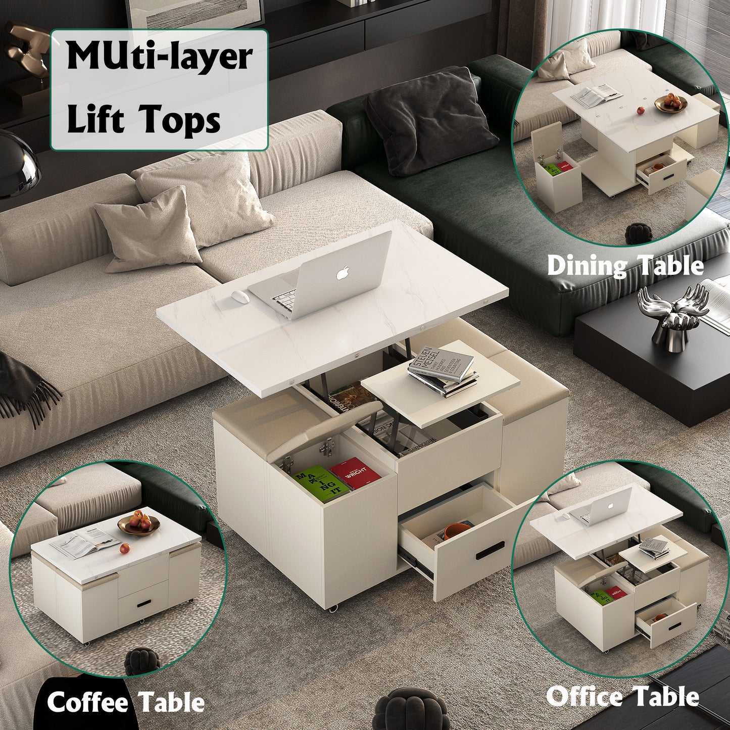 Modern Lift-Up Coffee Table with 4 Stools Set for Living Room Expandable 1 Hidden Storage + 2 Drawers Space Saving Folding Dining Table