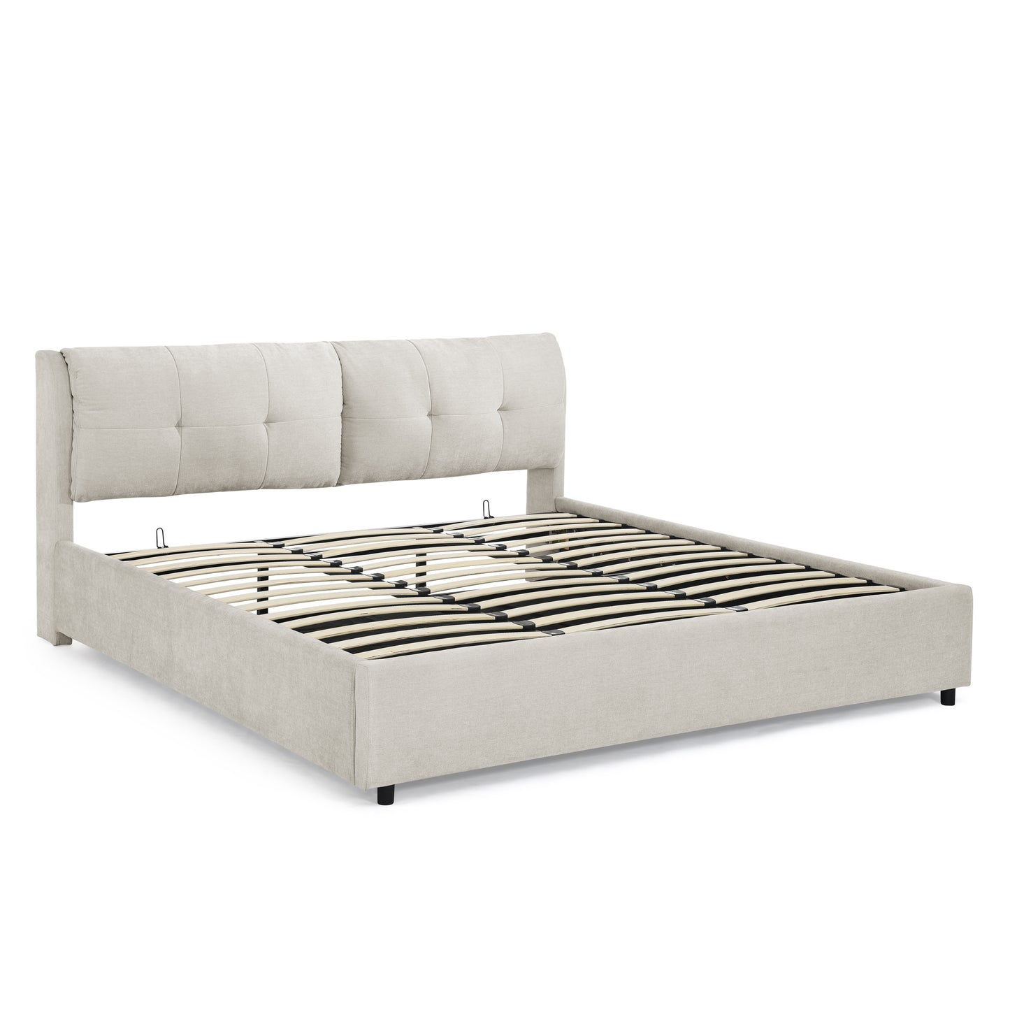 （缺货）King Size Storage Upholstered Hydraulic Platform Bed with Integrated Headboard, Chenille Fabric, Beige