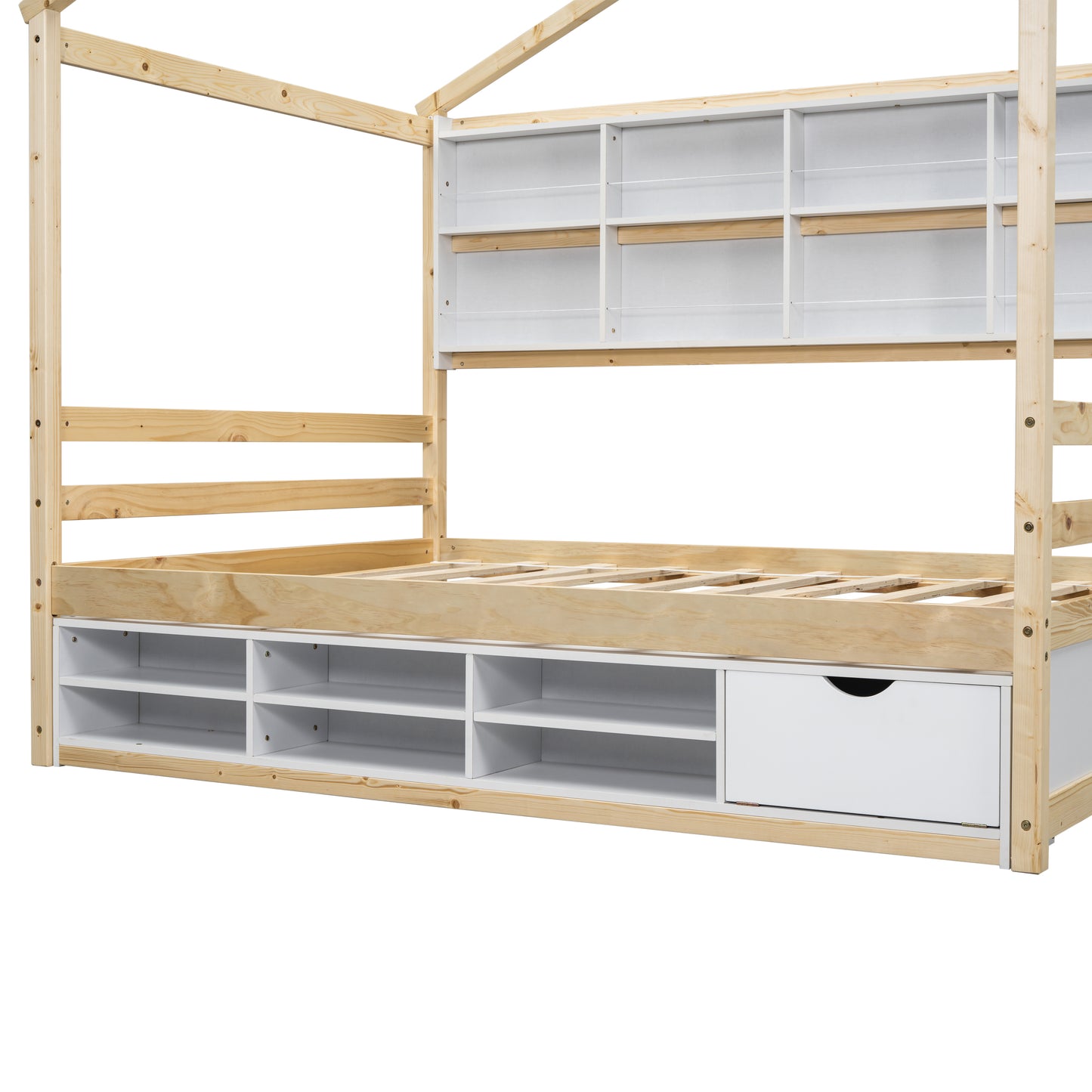 Full House Bed with Roof Frame, Bedside-shelves, Under Bed Storage Unit,Natural