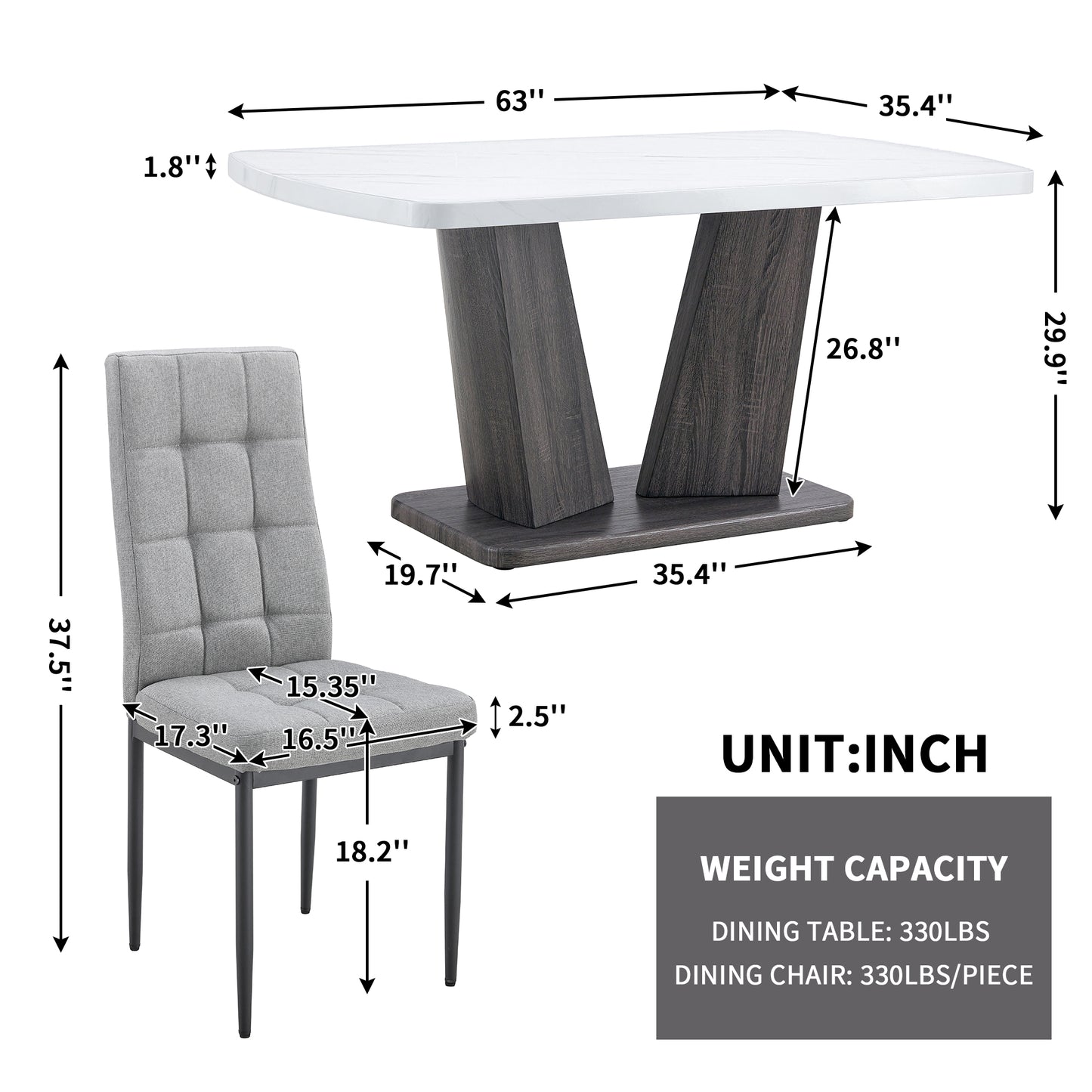 Modern Dining Table, Dining Room Table with 63" Faux Marble Top and V-Shape MDF Base, Kitchen Dining Table for Kitchen Living Dining Room