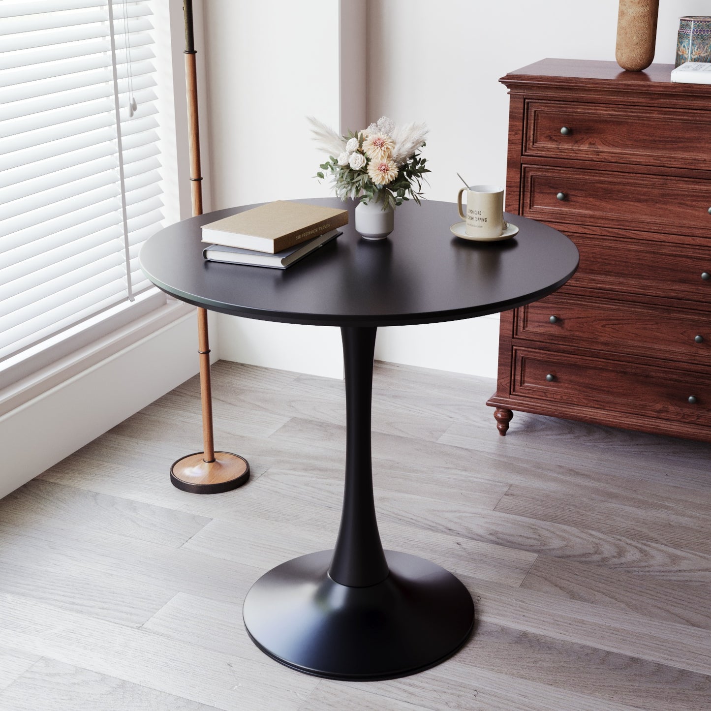 （缺货）Black Round Dining Table, 31.5" Tulip Table Kitchen Dining Table 2-4 People with MDF Table Top & Pedestal Base, Mid-Century End Table Leisure Coffee Table Office Living Room Table