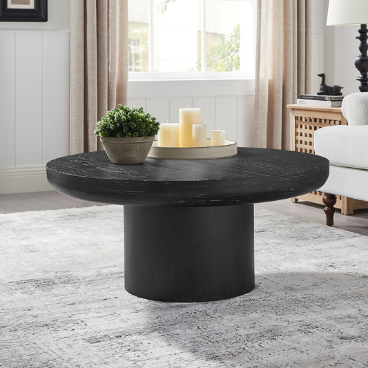 35.98inch Round Coffee Table with Cylindrical Leg,Wood Veneer Tabletop Table,Rounded Sofa Side Table for living Room Office,Black