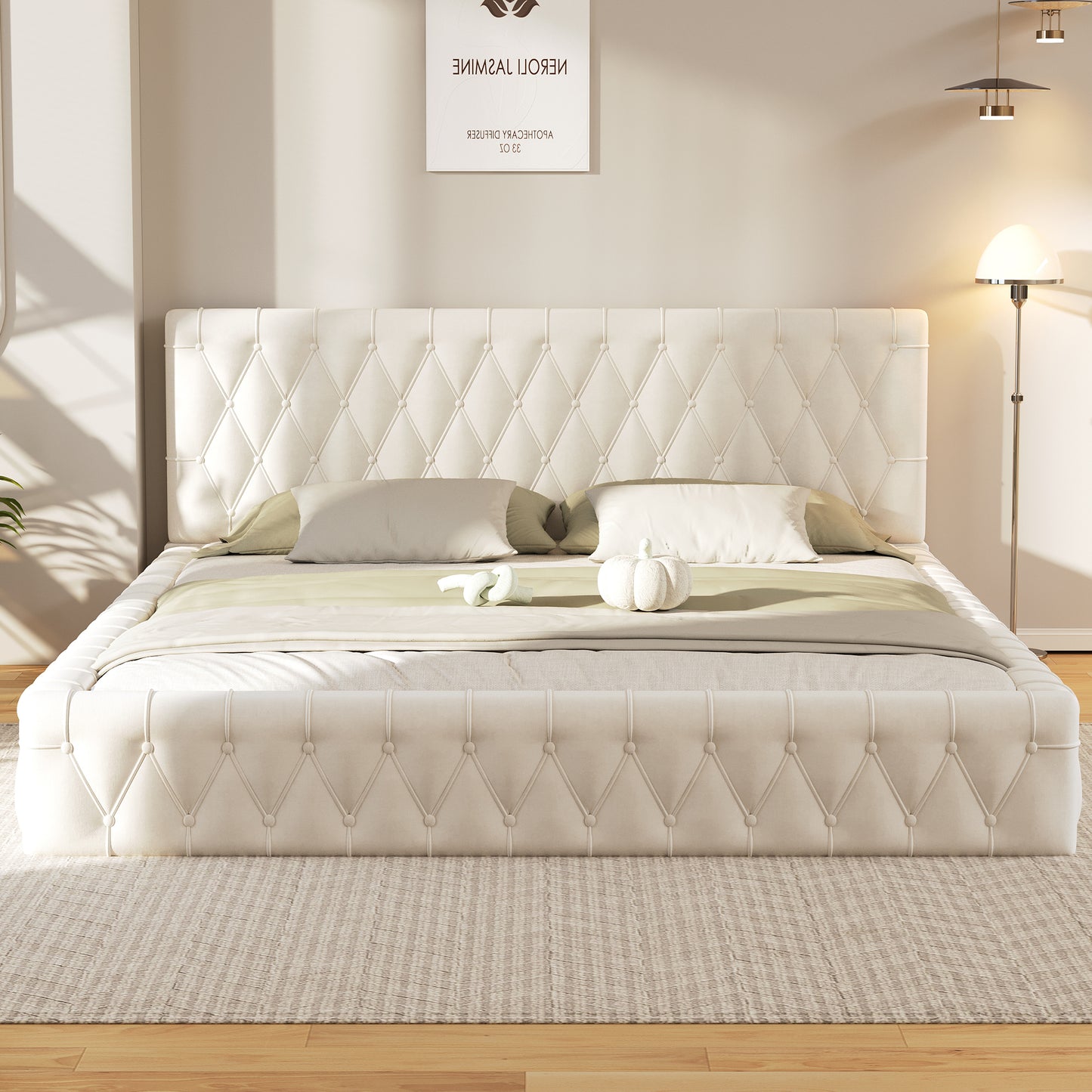 Queen Size Upholstered Bed with Tufted Headboard, Modern Velvet Platform Bed , No Box Spring Required, White