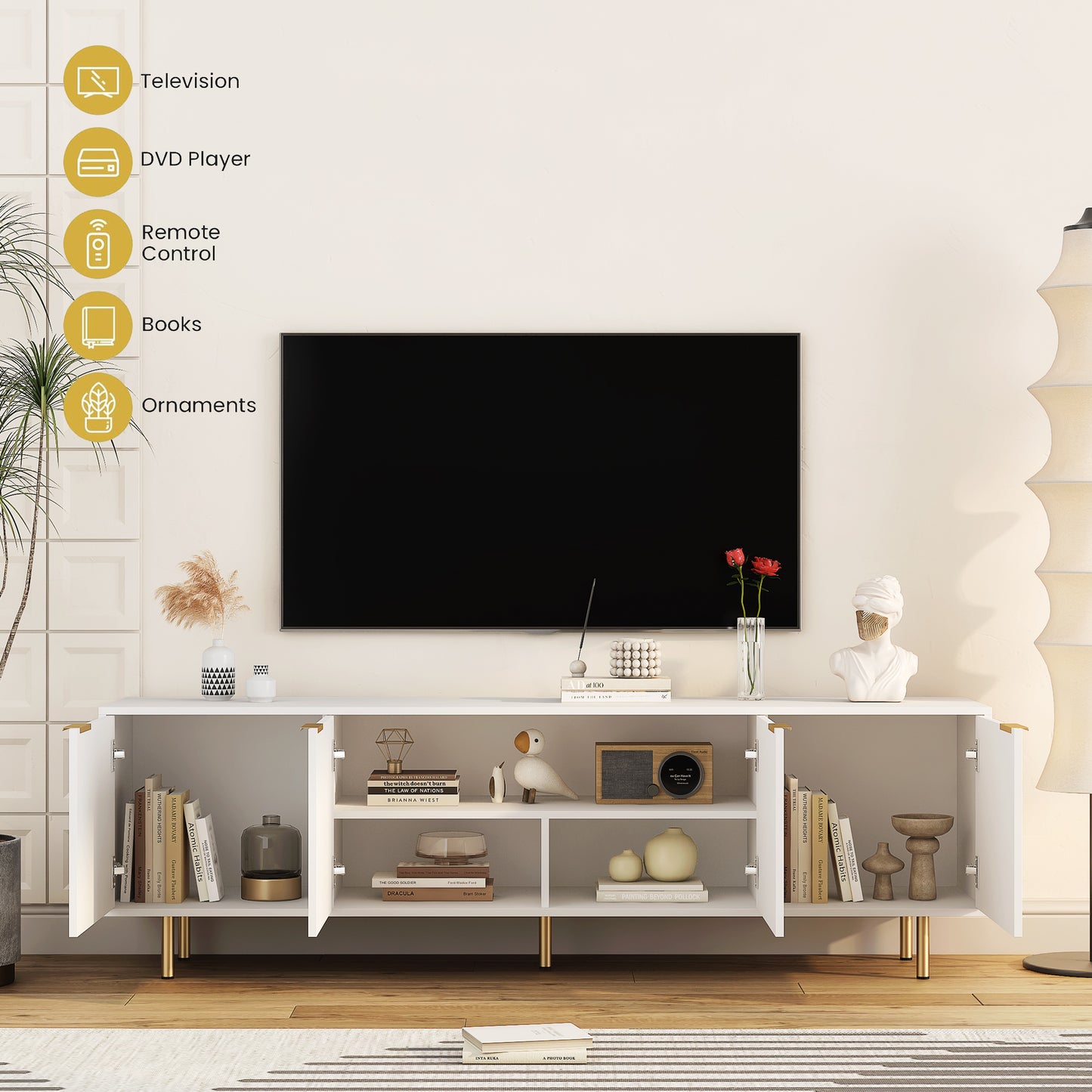 （预计12.26到1.2到货）White Modern TV Stand Fluted 68" with Power Outlet, Entertainment Center with Storage Doors, TV Console Media Cabinet, for 55+ Inch TV, Living Room