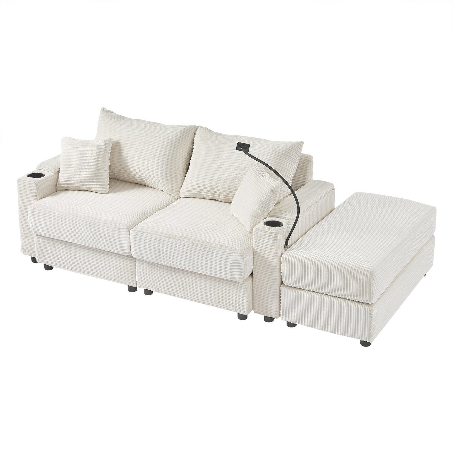 72.8" Modern Style Loveseat Sofa Sectional Sofa Couch with Storage Space, A Movable Ottoman, Two USB Ports, Two Cup Holders, A Phone Holder for Living Room, Beige