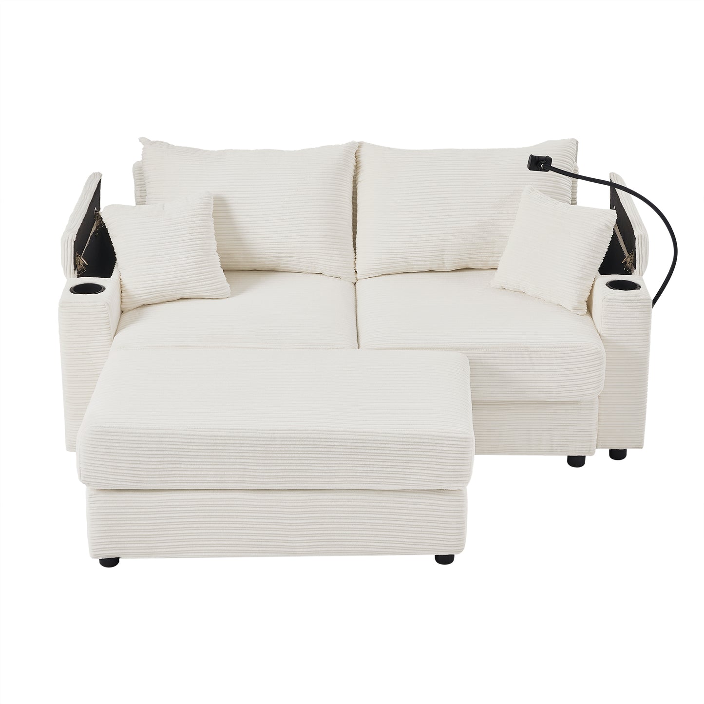 72.8" Modern Style Loveseat Sofa Sectional Sofa Couch with Storage Space, A Movable Ottoman, Two USB Ports, Two Cup Holders, A Phone Holder for Living Room, Beige