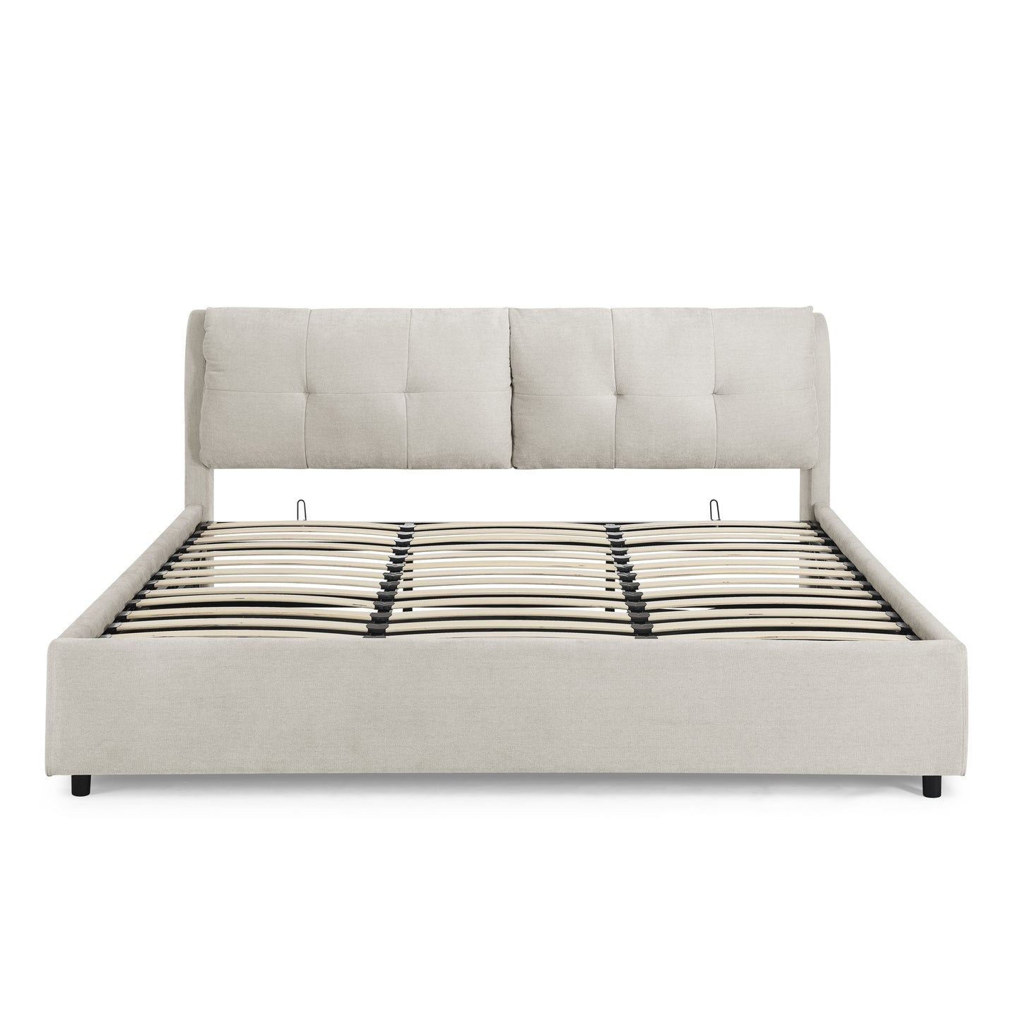 （缺货）King Size Storage Upholstered Hydraulic Platform Bed with Integrated Headboard, Chenille Fabric, Beige