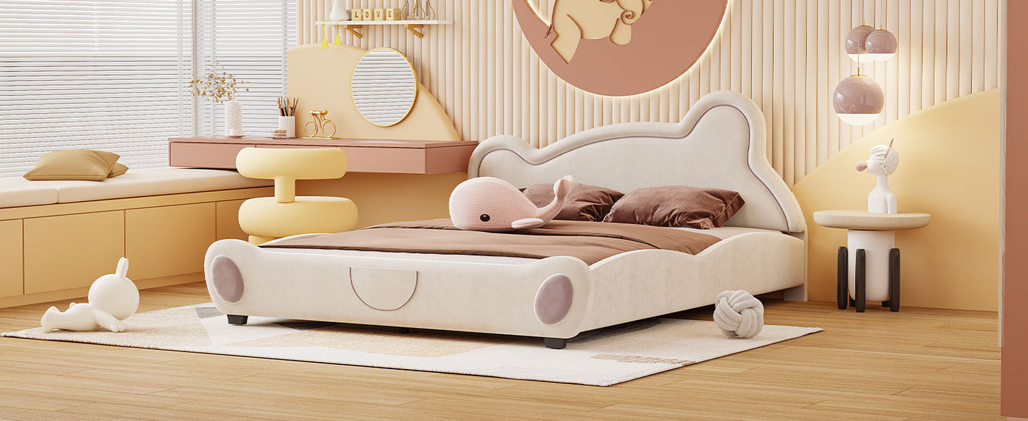 Queen Size Velvet Platform Bed with Bear-Shaped Headboard, with Bed-End Storage Pocket, Beige