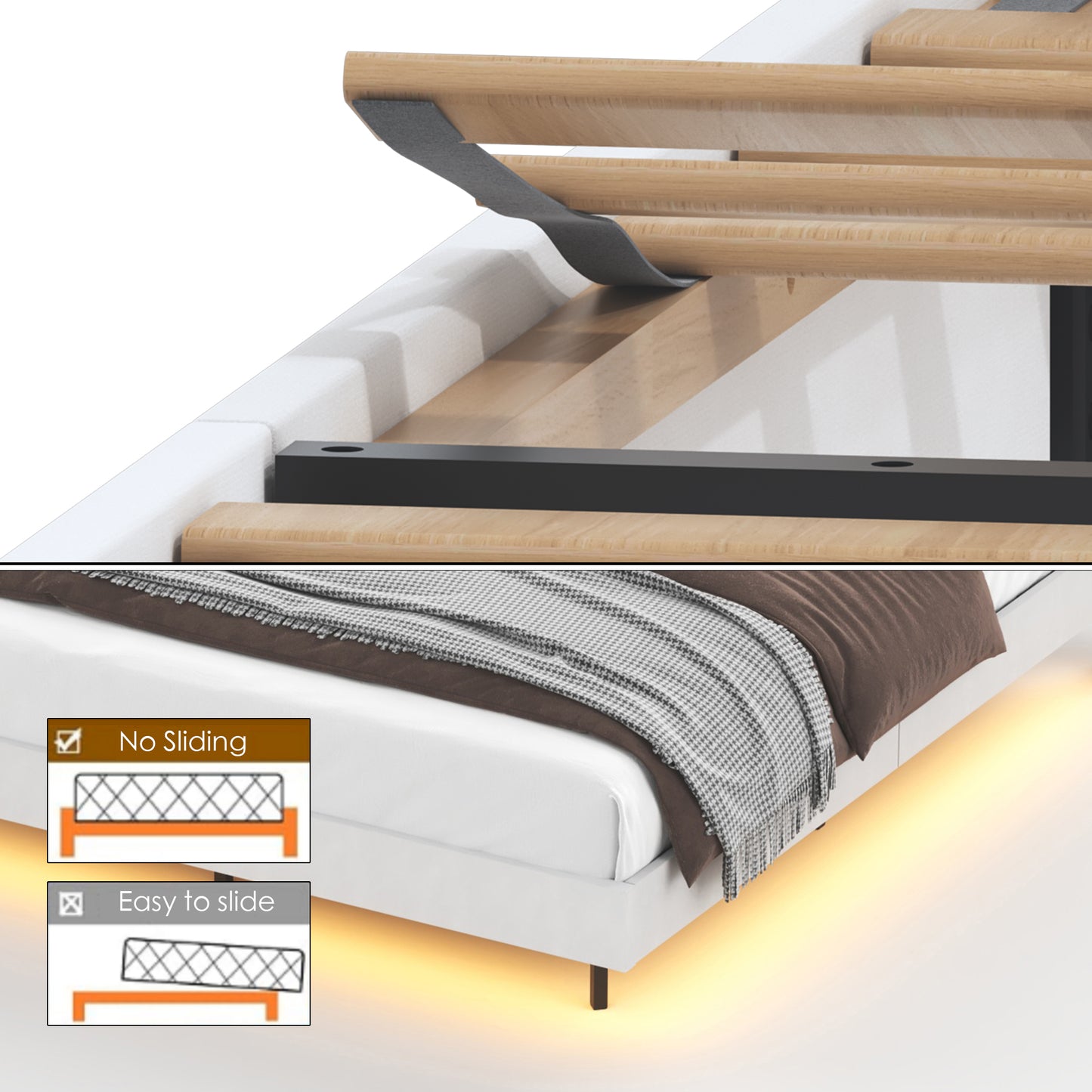 （预计9.18~9.25到货，同款queen size有货）King Floating Bed Frame with LED Light and Charging Station Upholstered Platform Bed Frame King Size with Headboard and Hidden Storage Space, No Box Spring Needed, Beige