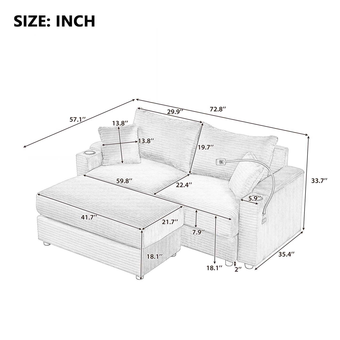 72.8" Modern Style Loveseat Sofa Sectional Sofa Couch with Storage Space, A Movable Ottoman, Two USB Ports, Two Cup Holders, A Phone Holder for Living Room, Beige