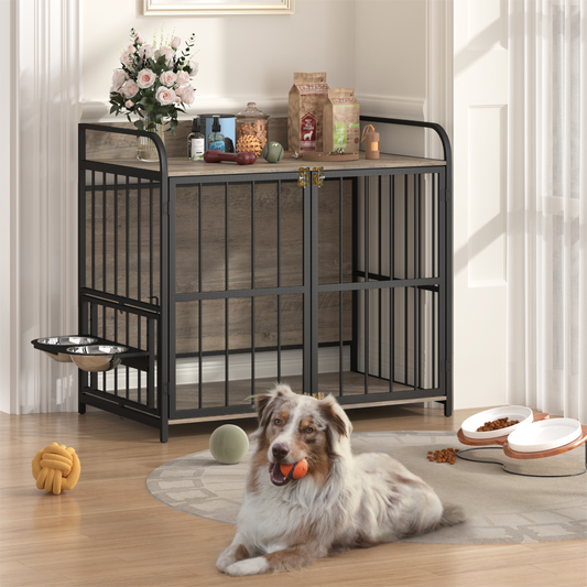 GO 39'' Indoor Metal Dog Crate with Double Doors, Wooden Side End Table Crate, Dog Crate Furniture with Adjustable Feeder Stand, for Medium Dog, Gray