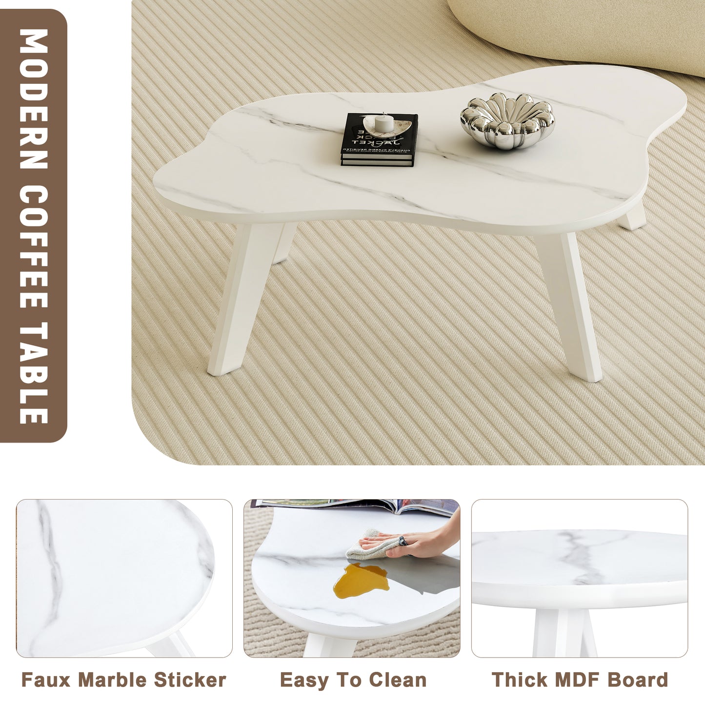 Modern minimalist white imitation marble tabletop coffee table. Solid wood spray painted desk legs, cloud shape to give you a new experience, computer desk. Suitable for dining and living rooms.