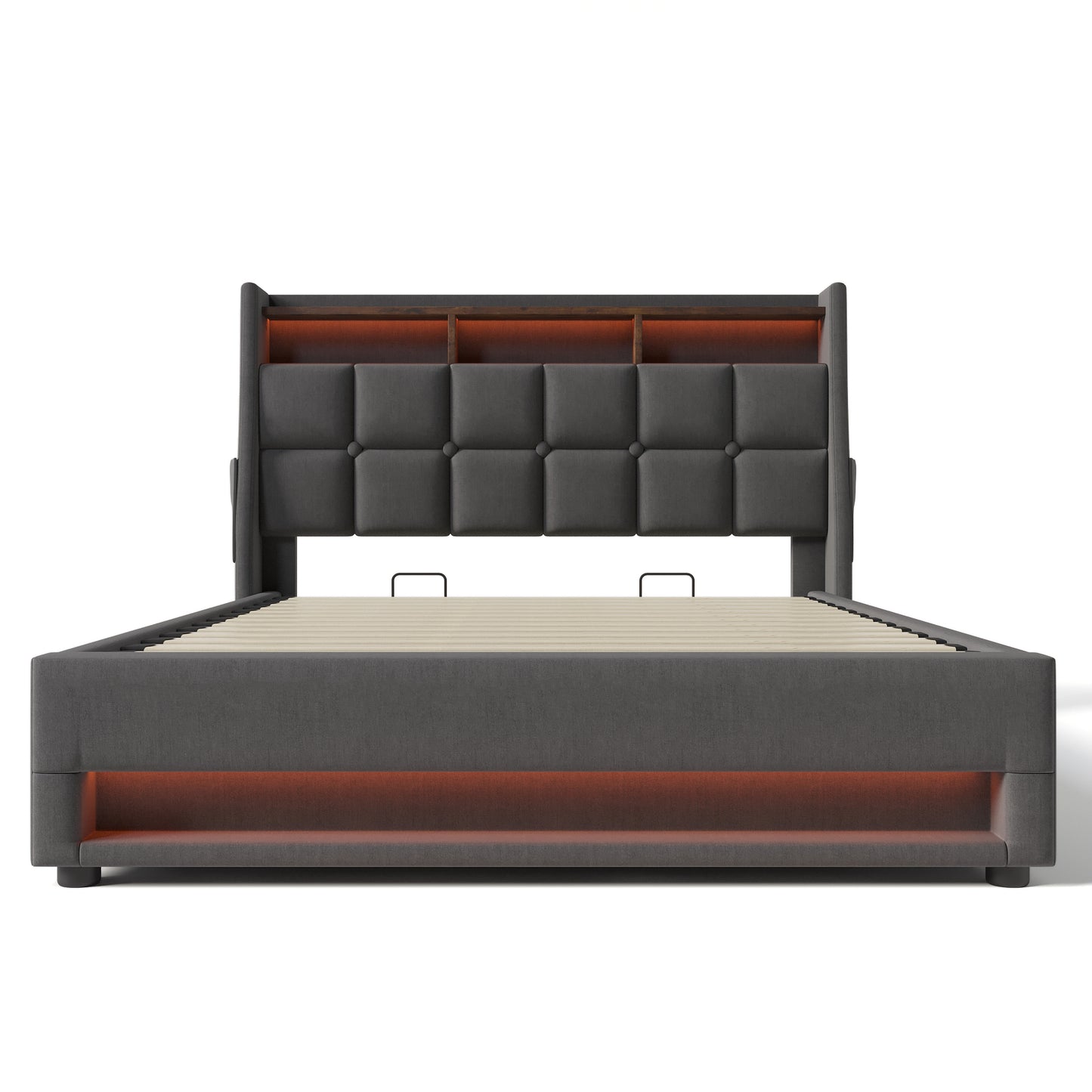 Queen size Upholstered Platform bed with a Hydraulic Storage System, LED and USB Charging, Grey (without mattress)