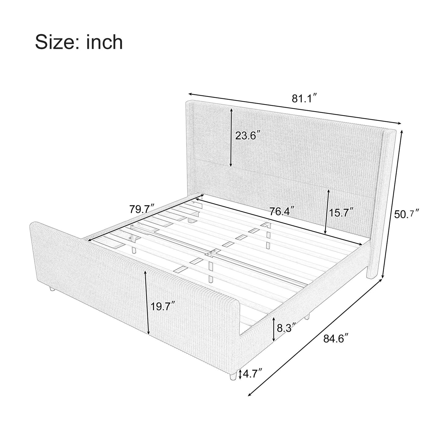 （9.17-9.24补货）50.7'' High Headboard Corduroy Upholstered Bed Frame with Vertical Stripe Wingback and High Footboard No Box Spring Needed, King Size, Cream