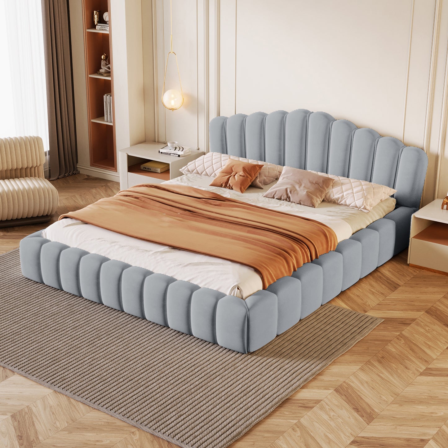 （缺货）Velvet Upholstered Queen Bed Floor Bed Frame Shell-Shaped Headboard for Bedroom,No Box Spring Needed,Light Blue