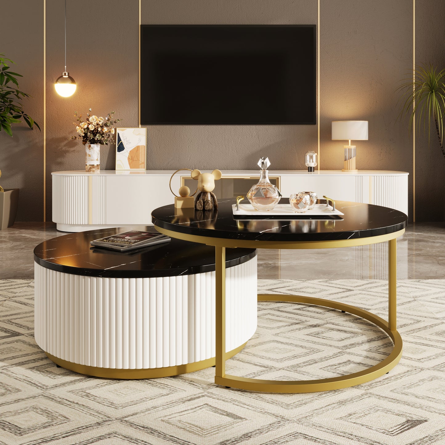 Modern Round Nesting Coffee Table Fluted with Drawer in Black & Gold in 31.5''