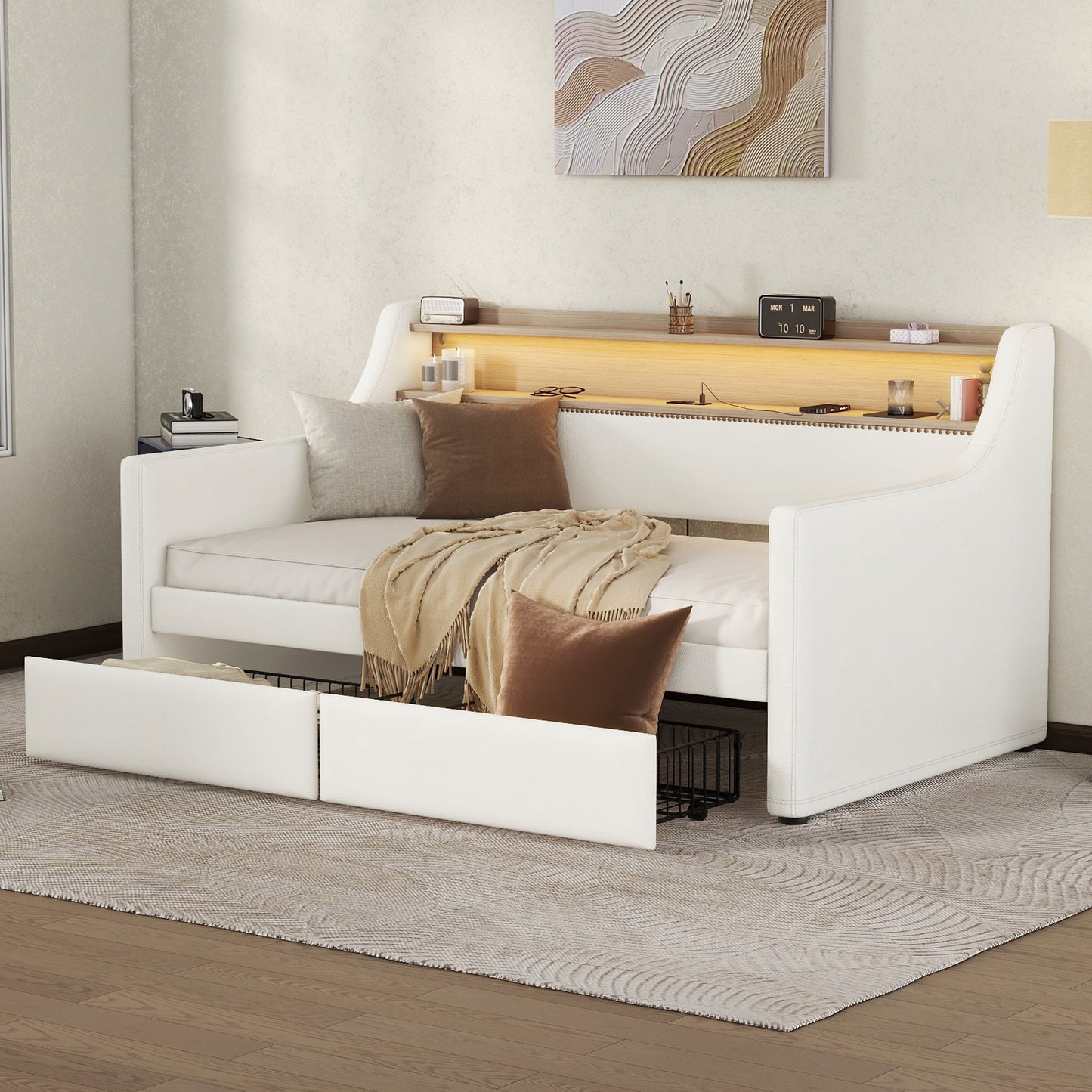 Twin Size Daybed with Storage Drawers, Upholstered Daybed with Charging Station and LED Lights, White